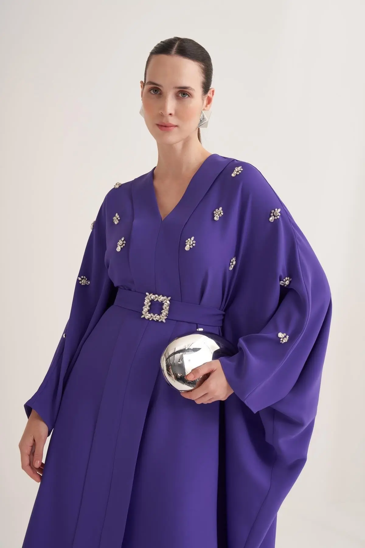 Selena Embellished Belted Evening Kaftan – Purple, photo 3