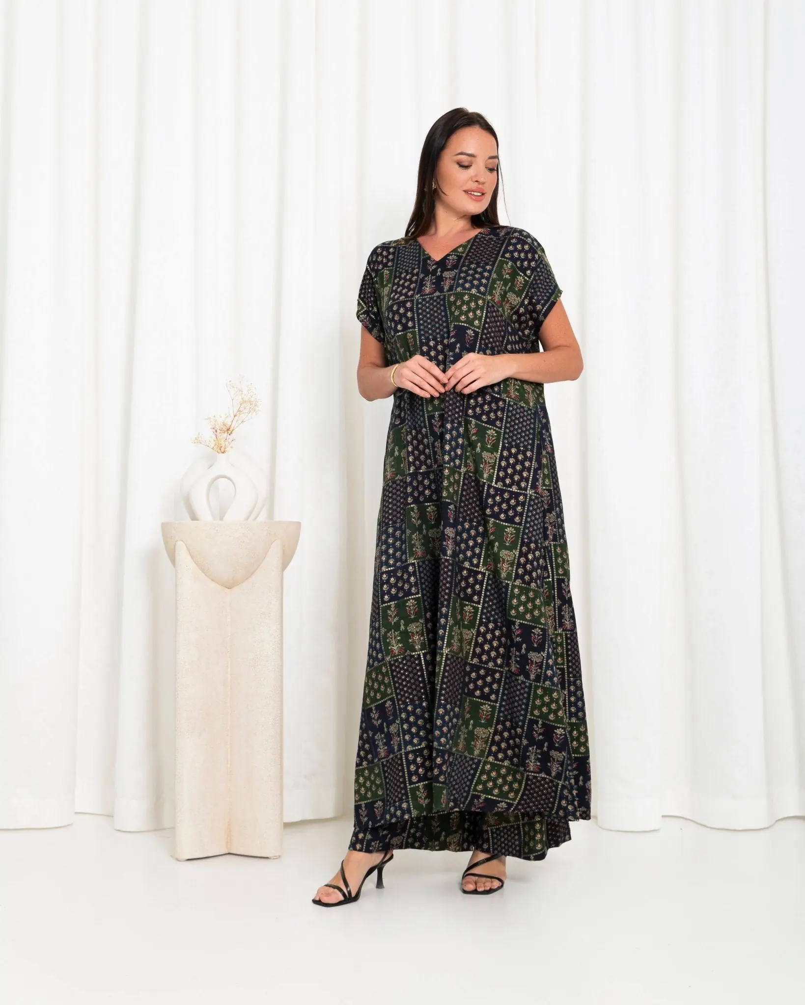 Green  Floral Check Kimono Dress