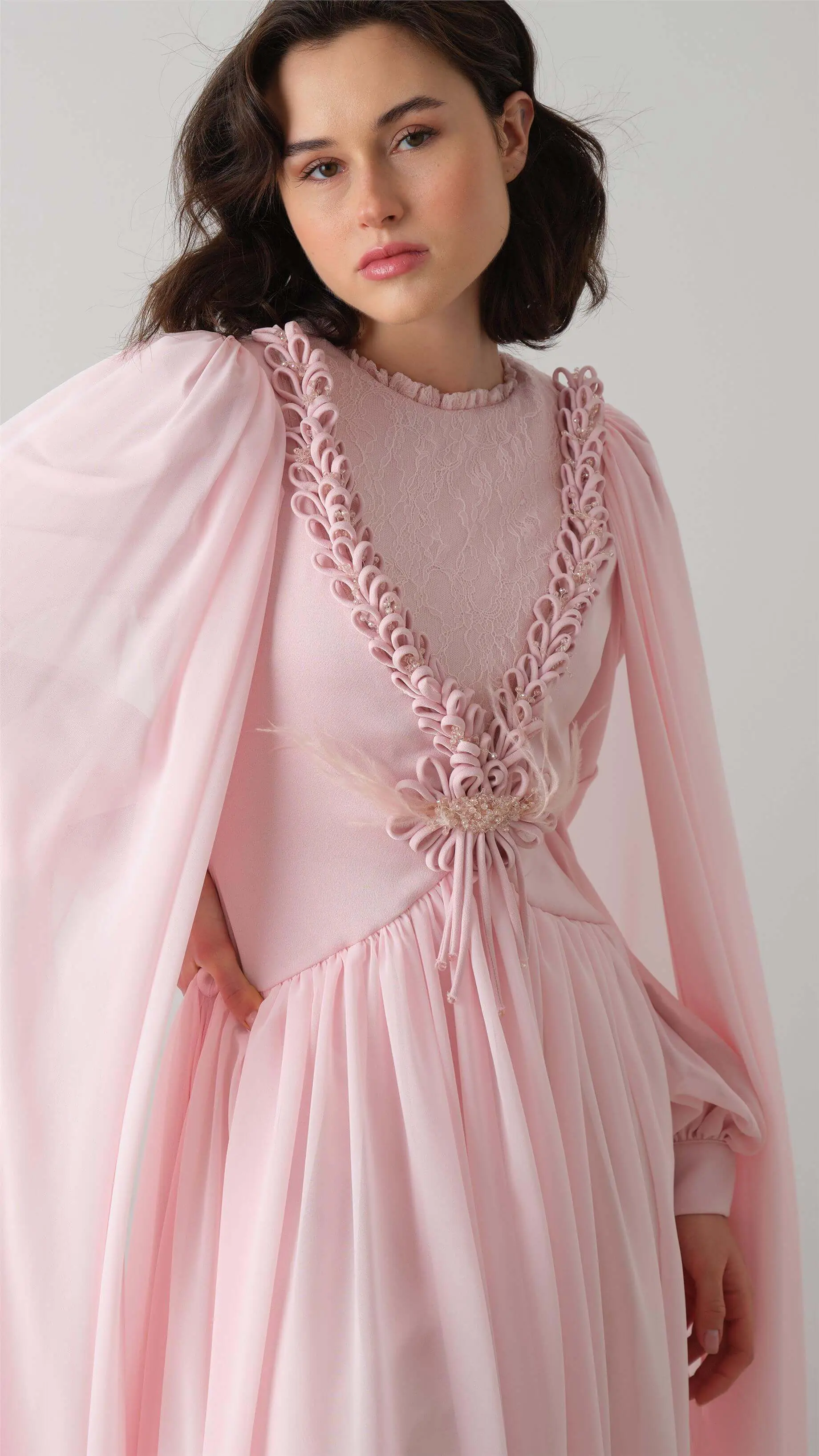 Powder Pink Cape Dress with Floral Appliqué, photo 2
