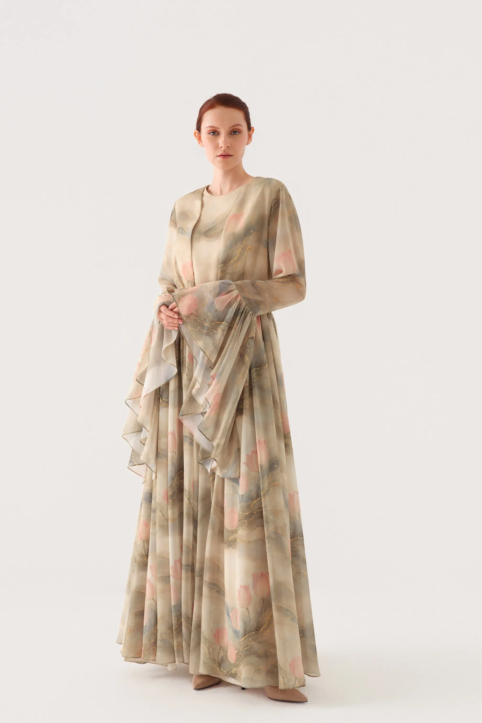 Tulip-Print Chiffon Maxi Dress with Inner Slip – Green, photo 2
