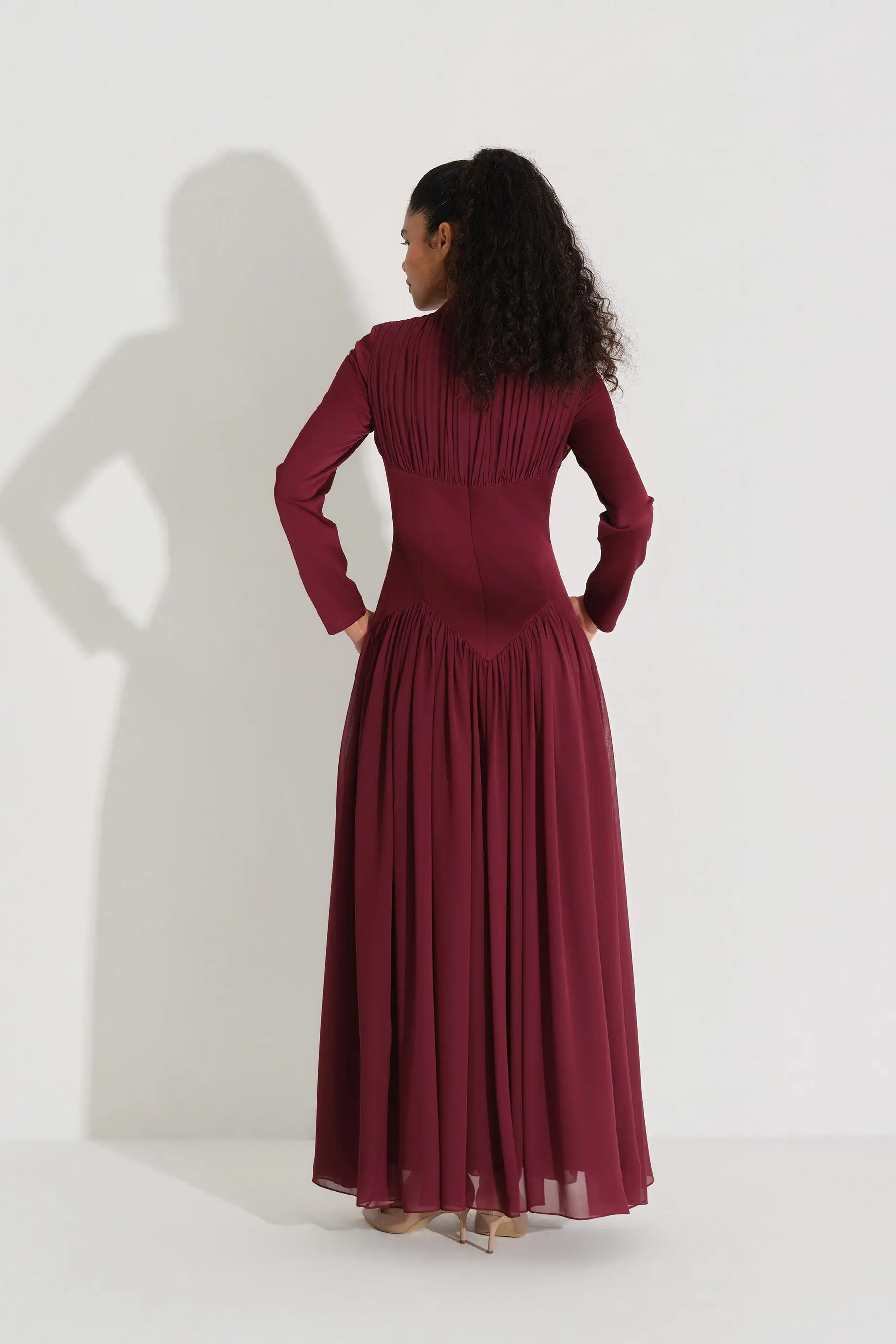 Bow-Neck Corset-Detail Chiffon Dress with Long Sleeves - Bordeaux, photo 5