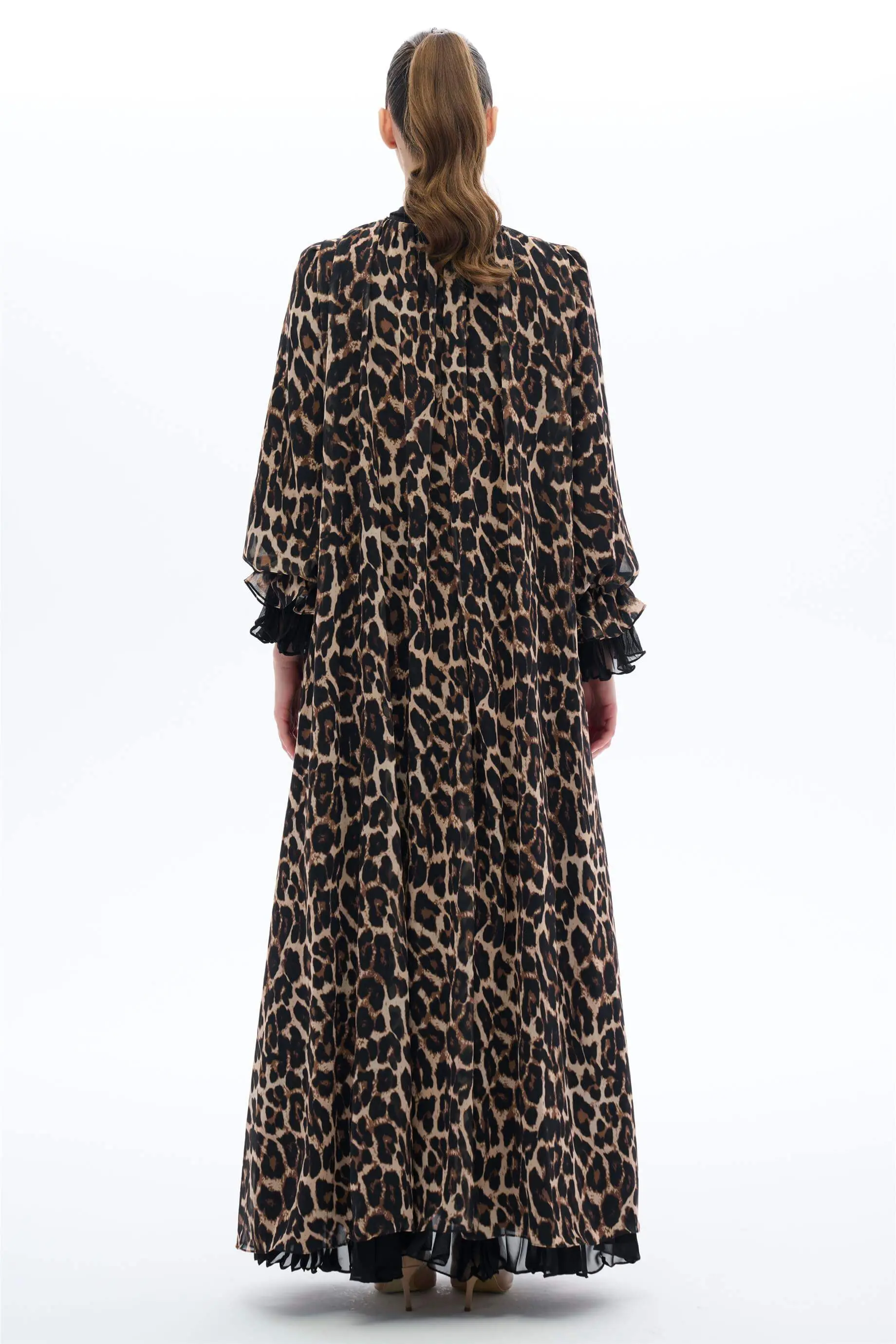 Camel Pleated Modest Dress with Scarf Collar and Animal Print, photo 4
