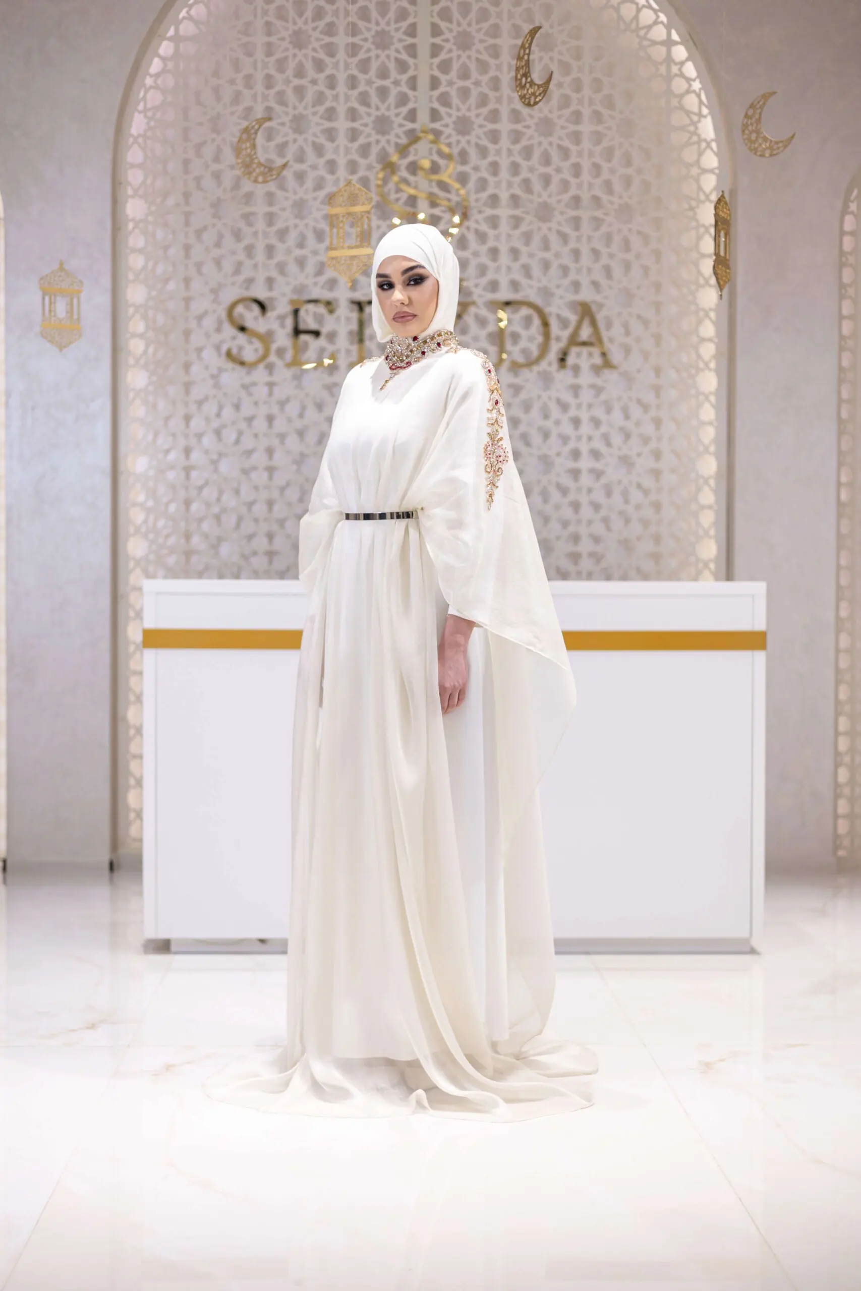 Midnight Oasis Embellished Abaya – White