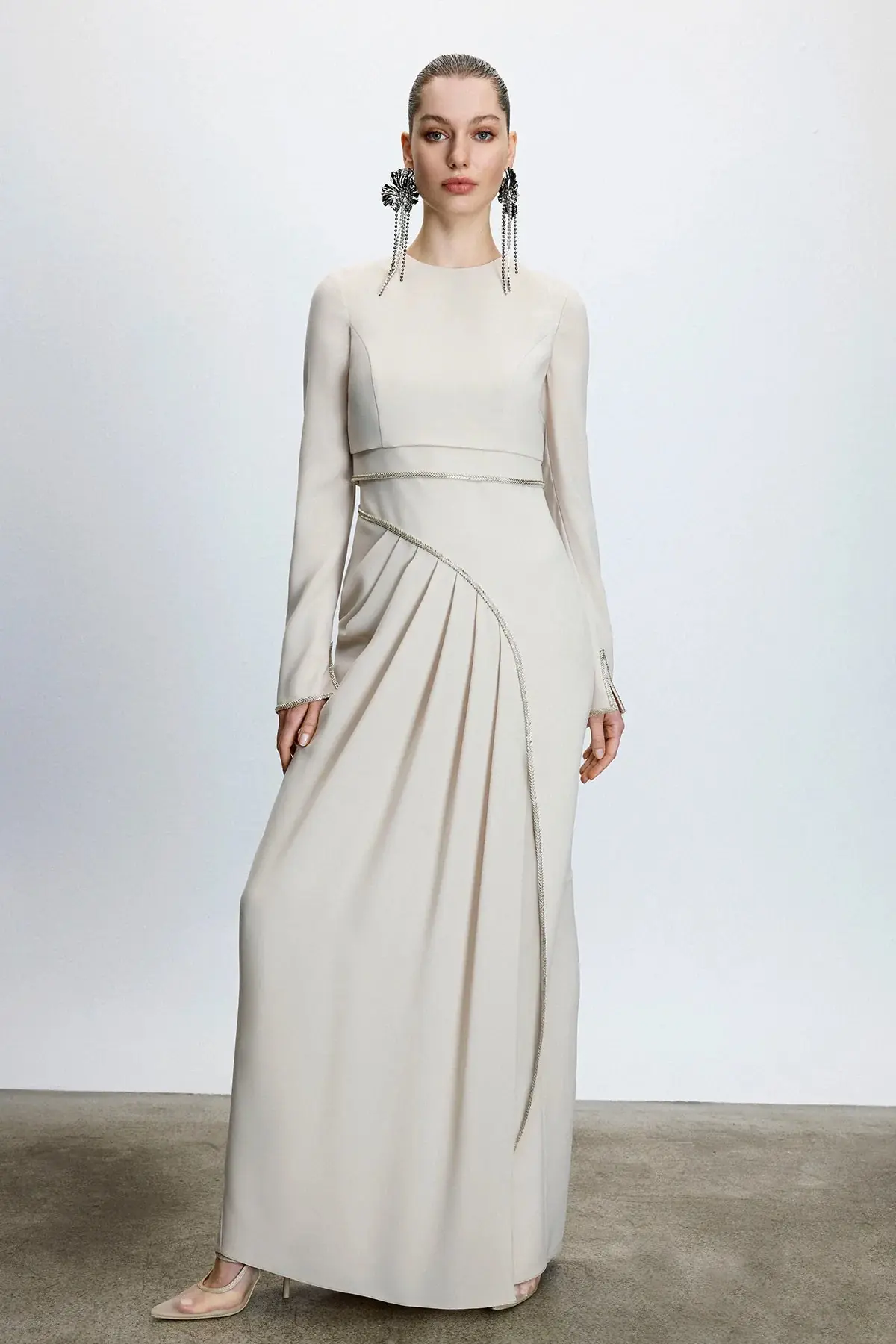 Asymmetric Draped Satin Dress  - Beige