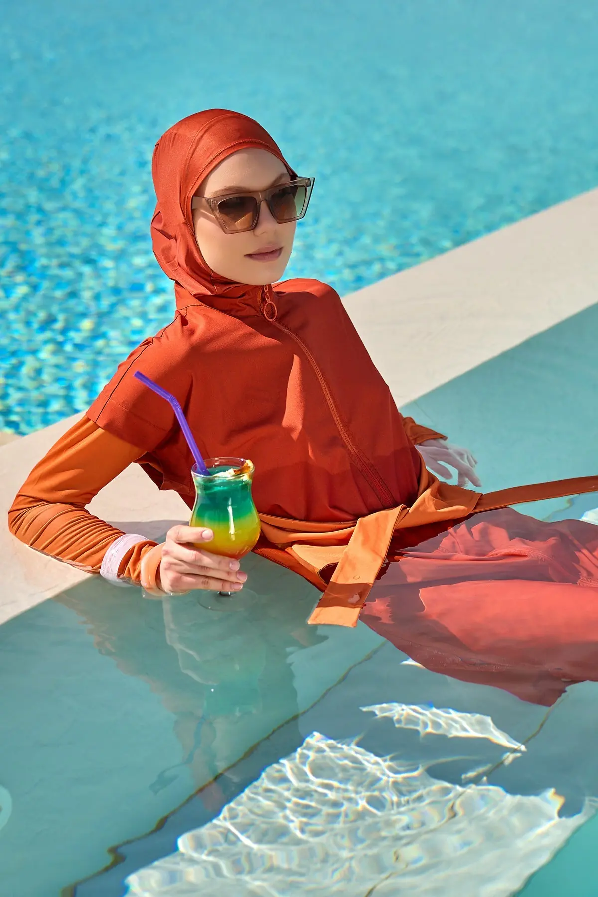 Full Coverage Islamic Swimsuit with Waist Tie - Orange