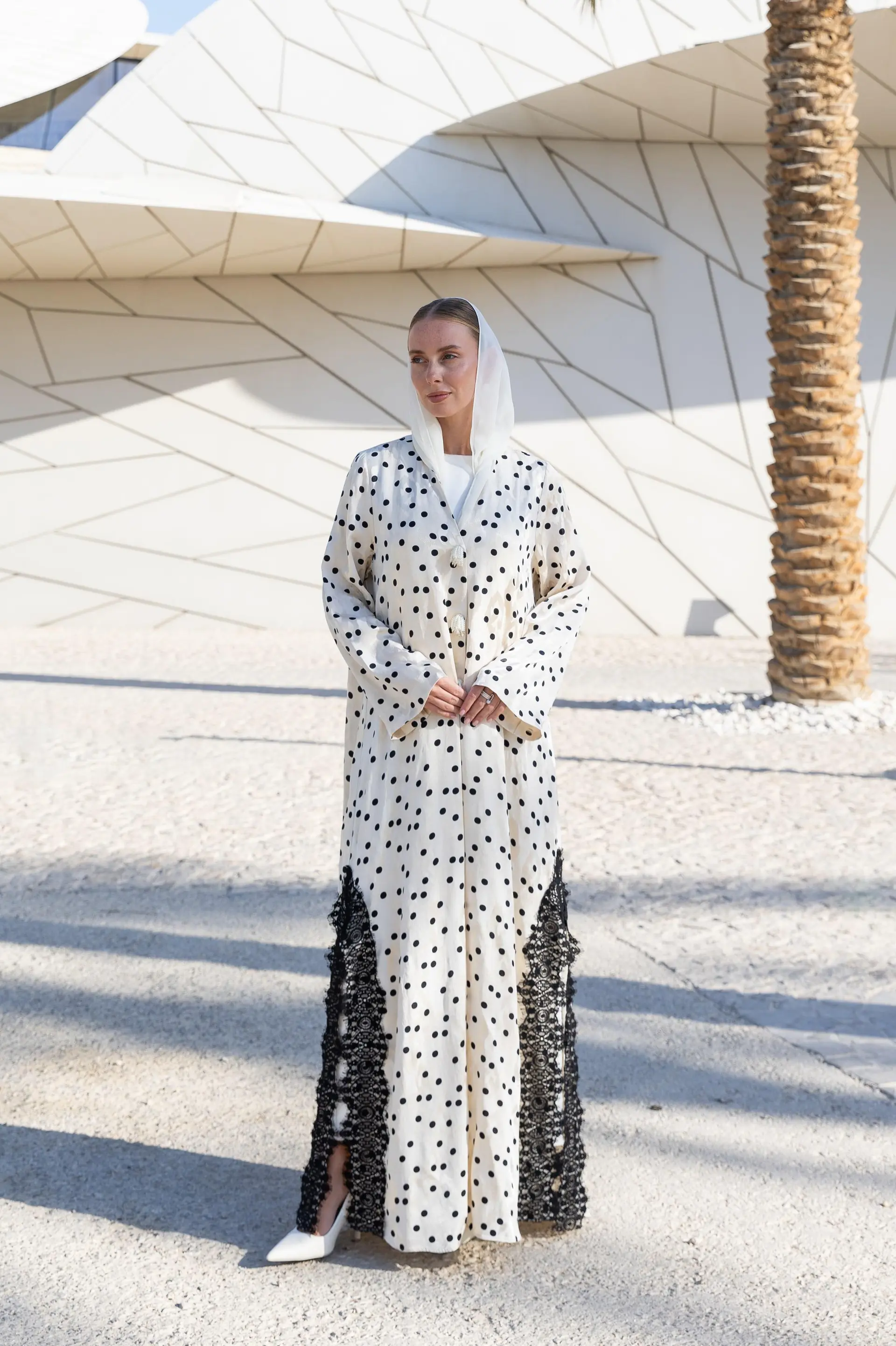 Polka Dot Abaya – White