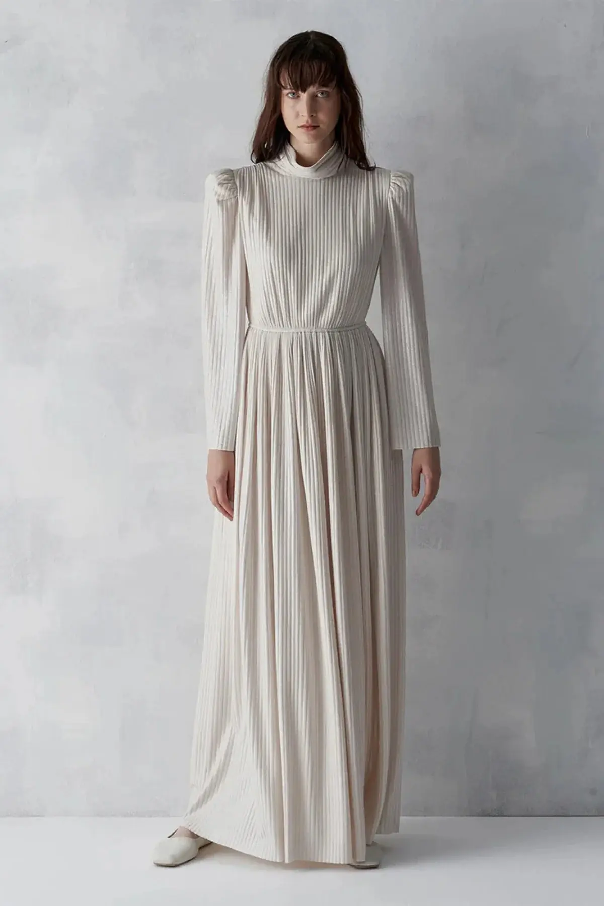 Metallic Ribbed Belted Evening Gown – Beige, photo 3