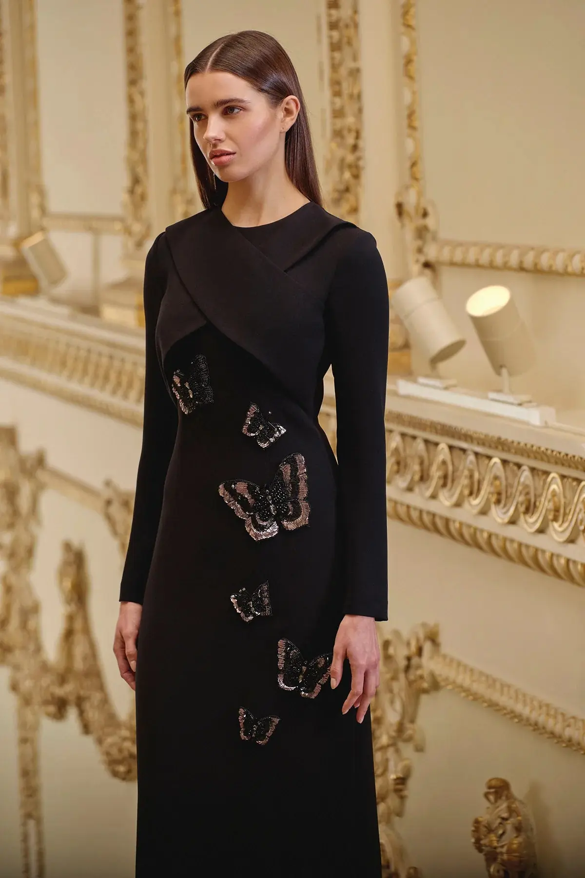Embroidered Long-Sleeve Evening Dress – Black, photo 3