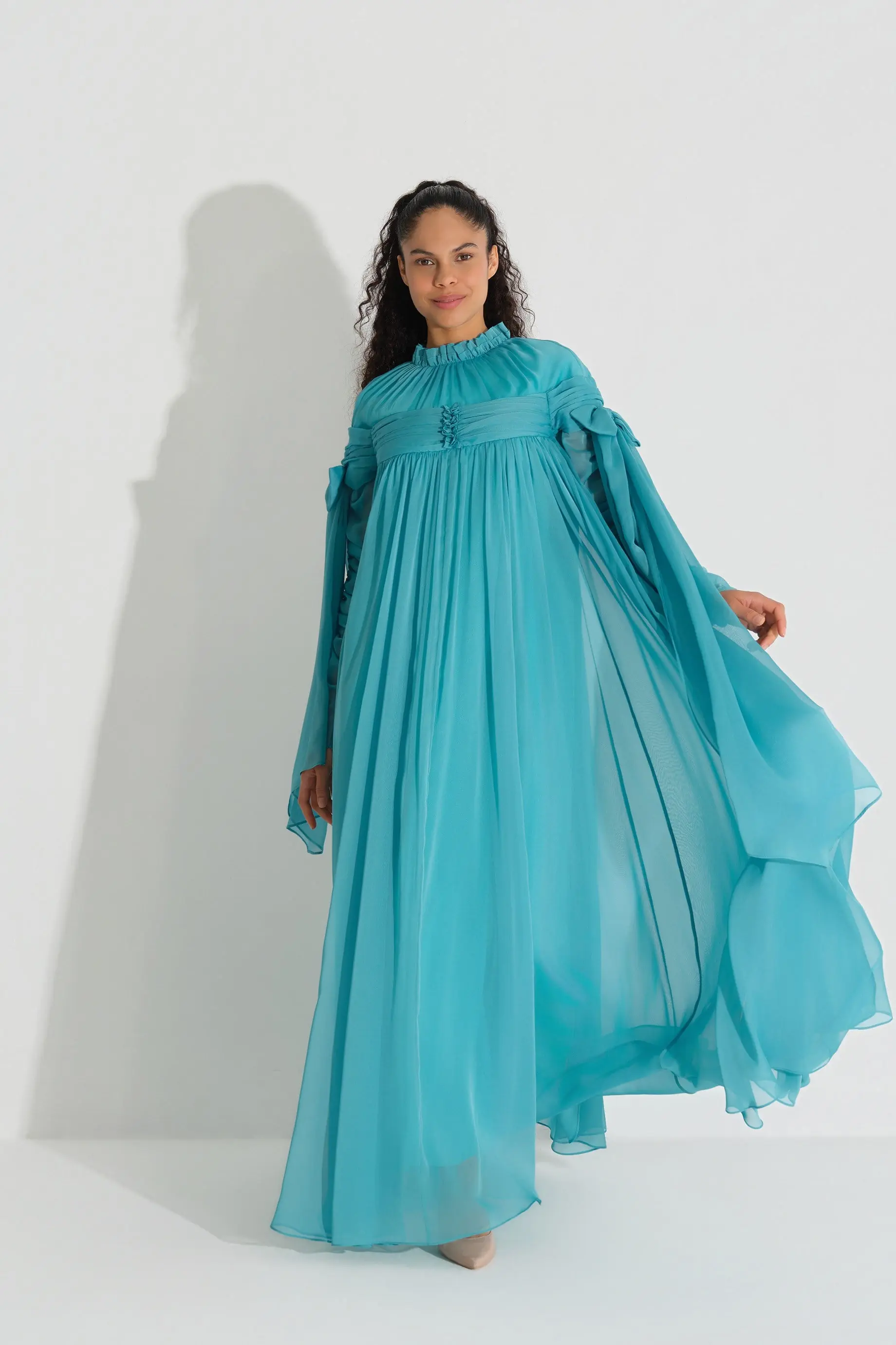Ruffle & Bow-Tie Detail Shimmer Dress -  Turquoise, photo 2