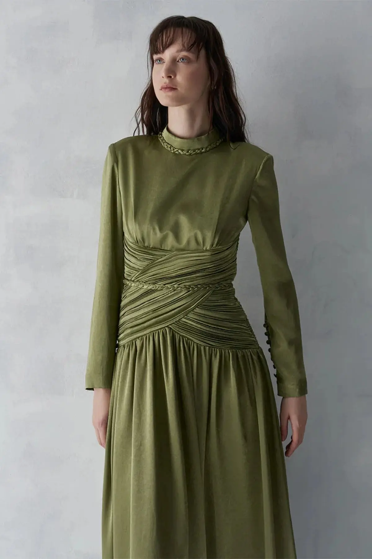 Ruched Waist Draped Long Evening Dress - Khaki, photo 2