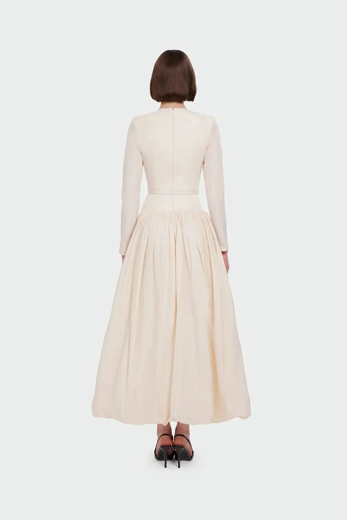 Long-Sleeved Evening Dress with Belt Detail - Cream, photo 4