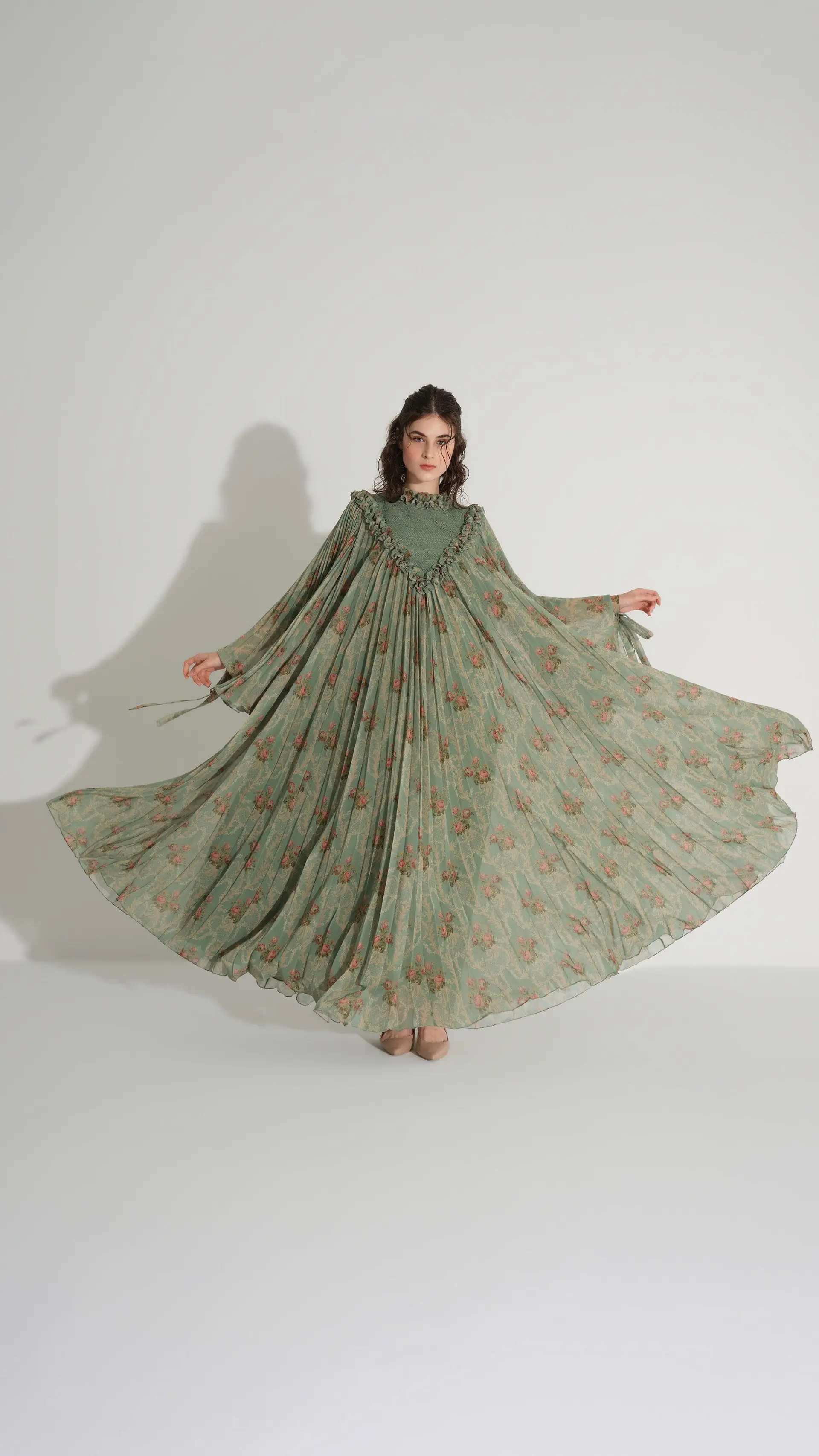 Lace & Ruffle Pleated Dress - Green, photo 6