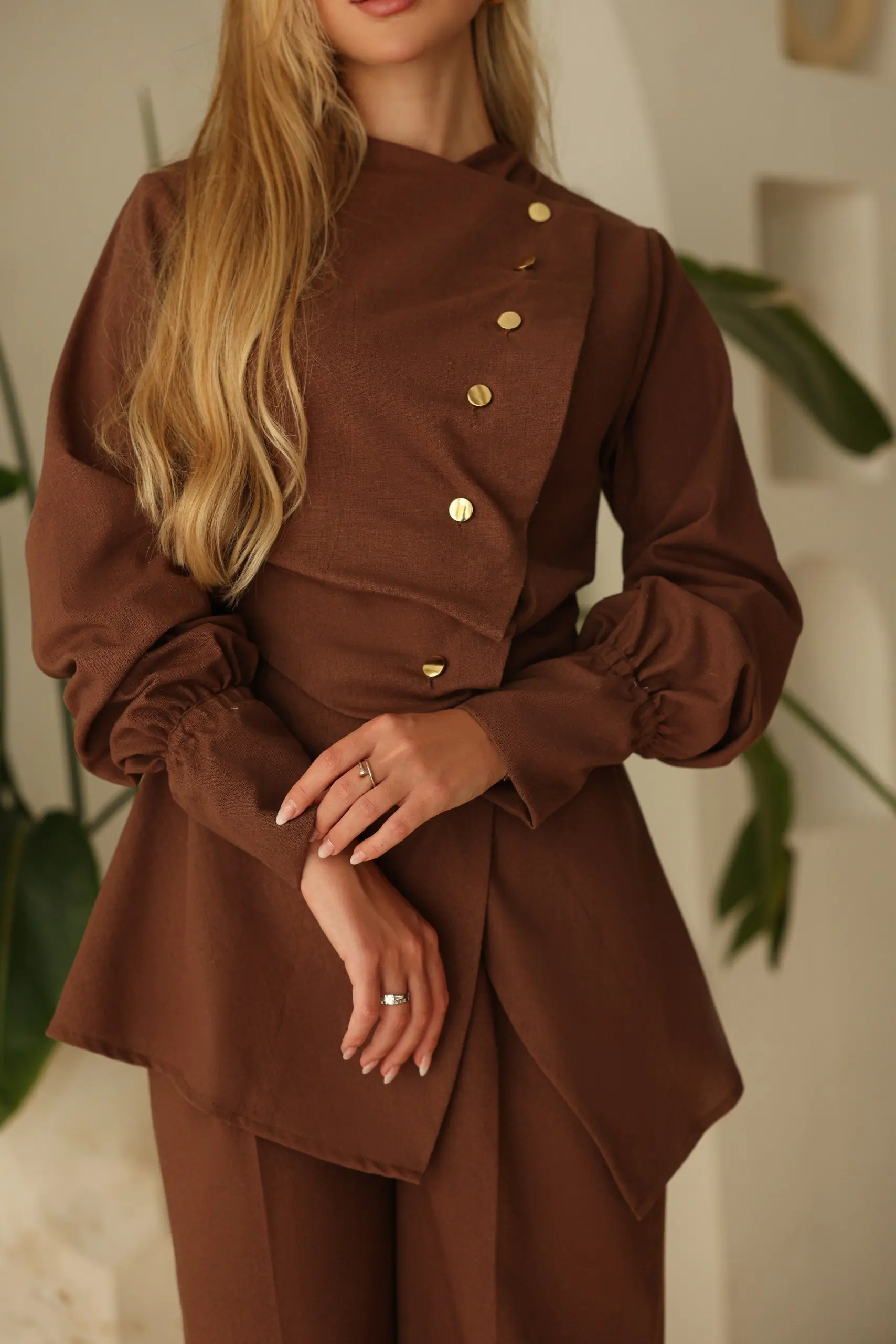Terracotta – Linen Wrap Top & Wide-Leg Trousers Set | Modest Luxury, photo 4