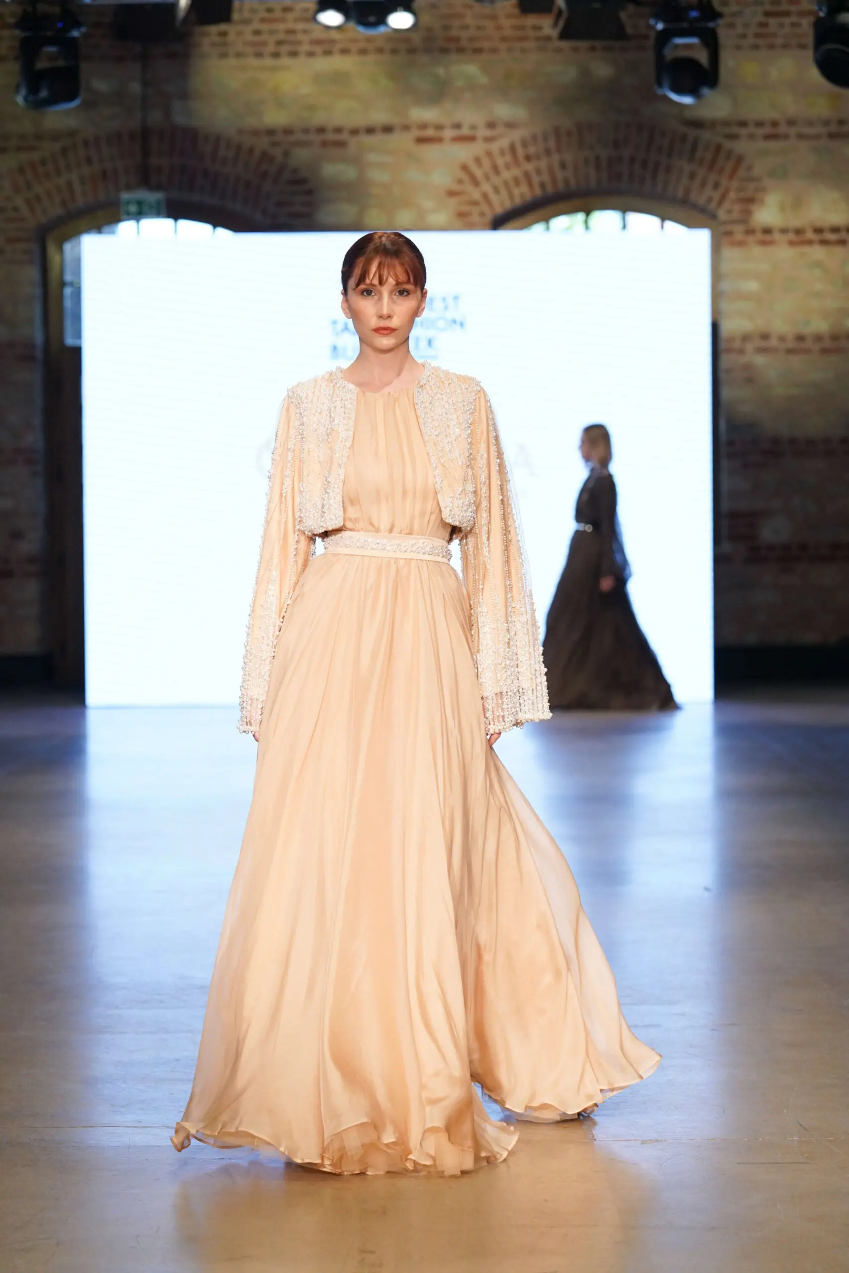 Emerald Echo Balcanian Pearl-Embroidered Silk Gown – Gold Beige, photo 3