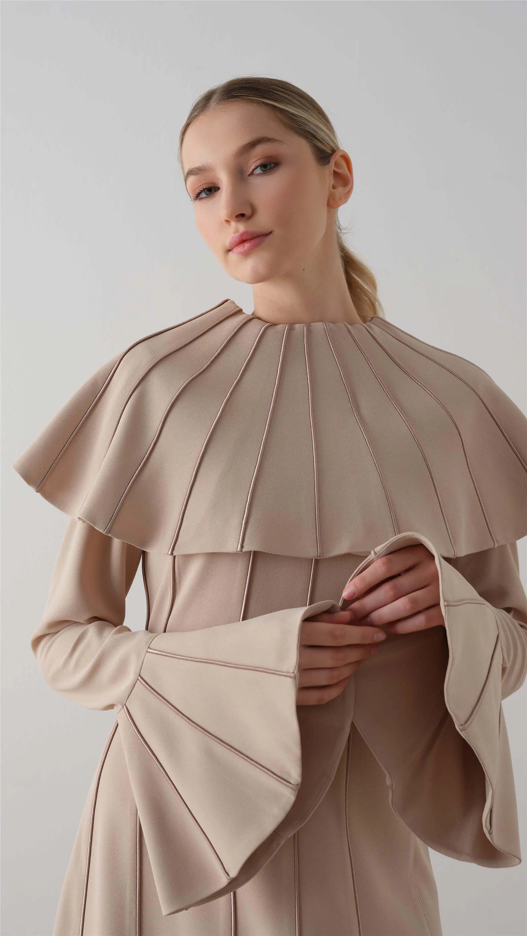 Pleated Cape Crepe Dress – Beige, photo 2
