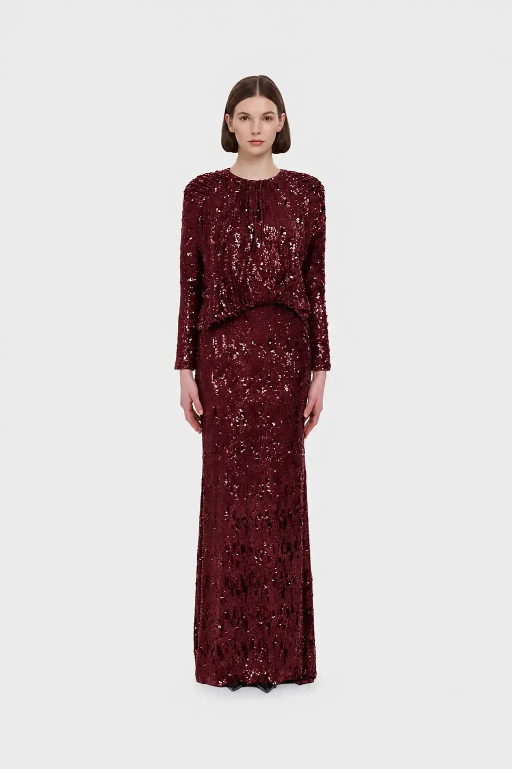 Sequin Long-Sleeve Formal Set with Draped Detail - Bordeaux