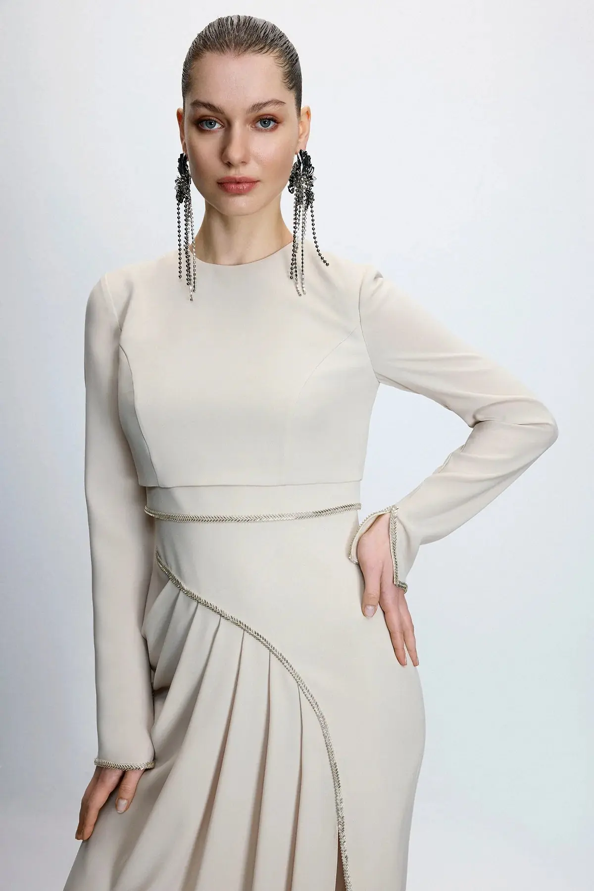 Asymmetric Draped Satin Dress - Beige, photo 3