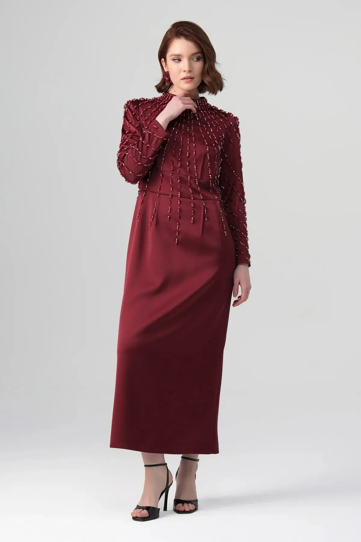 Rubina Embellished Neck Dress – Bordeaux, photo 5