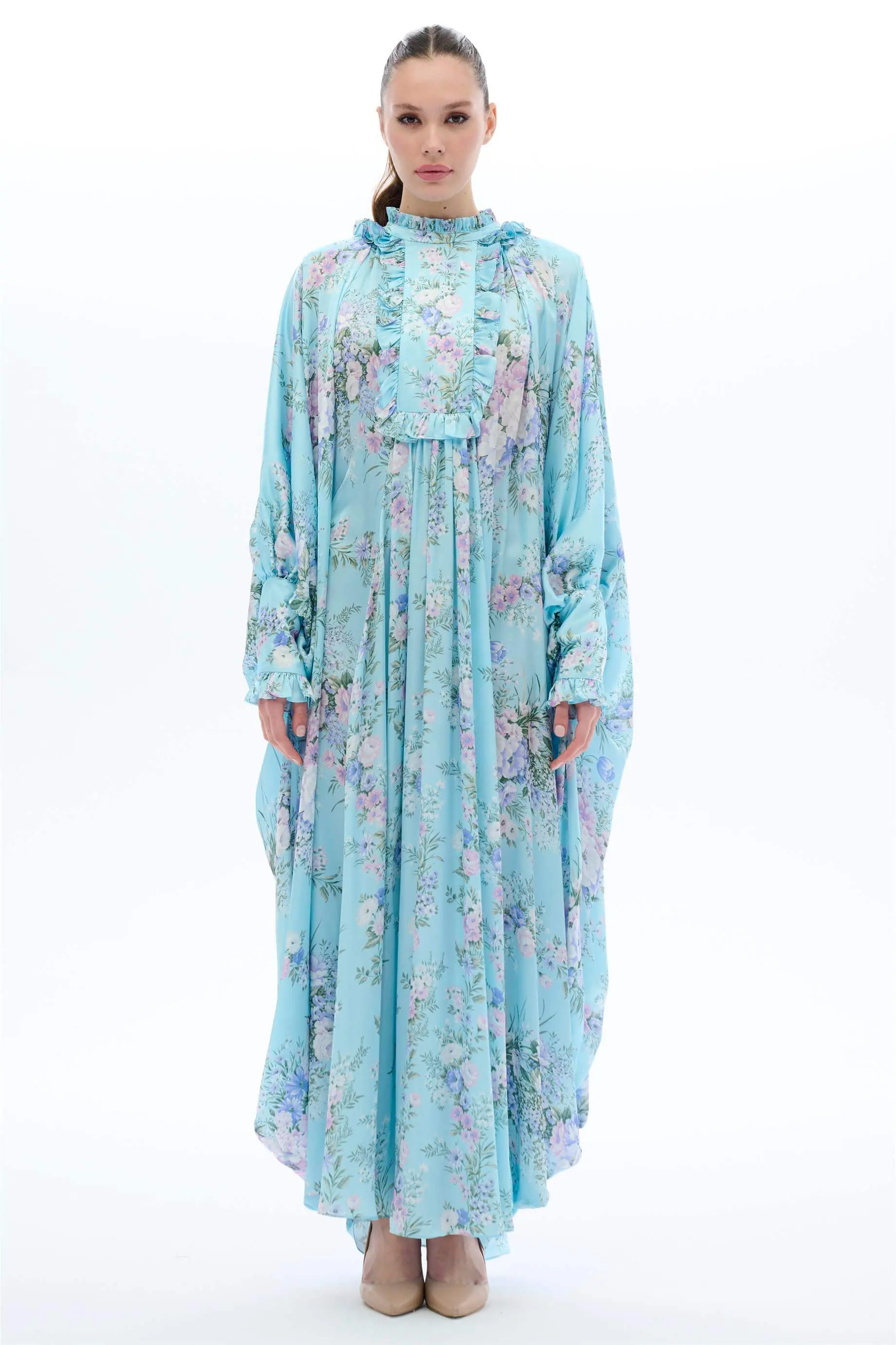 ŞERİT GARNİLİ KAFTAN ELBİSE Mavi
