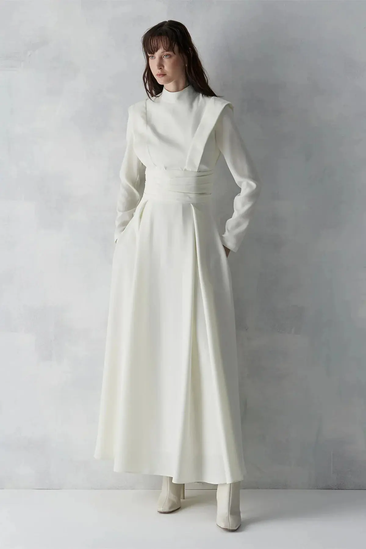 Draped Waist Long Evening Dress - Ivory
