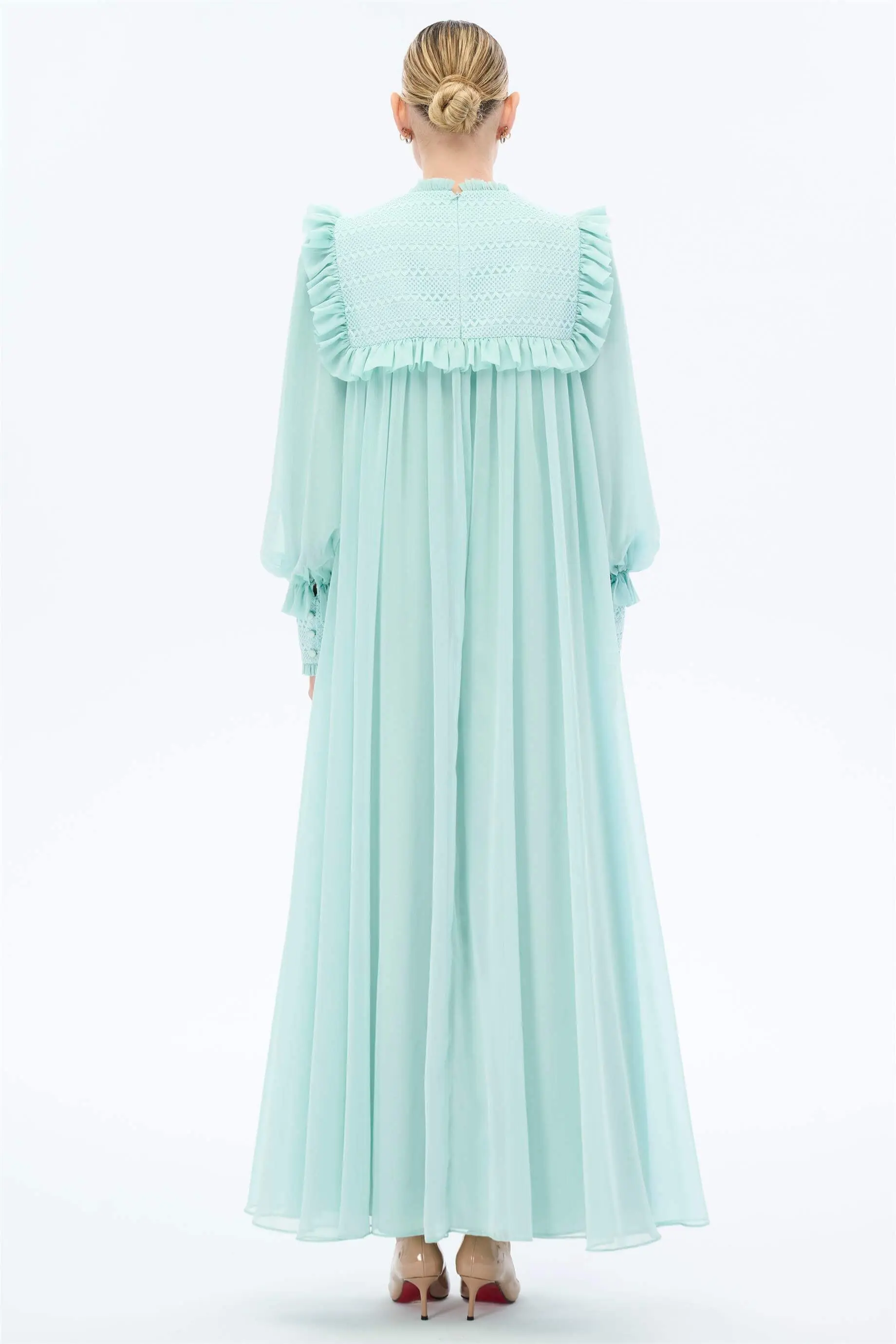 Embroidered Lace Yoke Chiffon Dress – Mint, photo 3