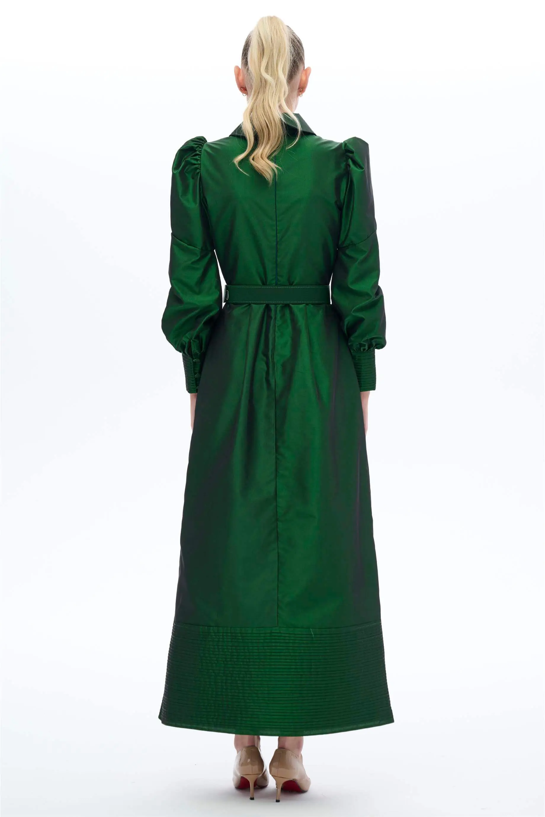 Pintuck Taffeta Belted Dress – Emerald, photo 4