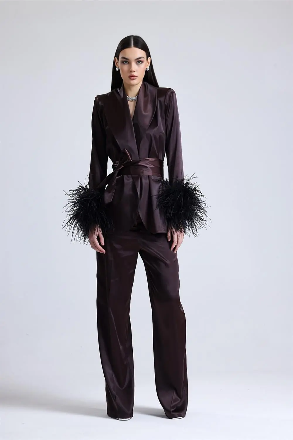 Satin Ember Feather-Sleeve Set — Brown, photo 2