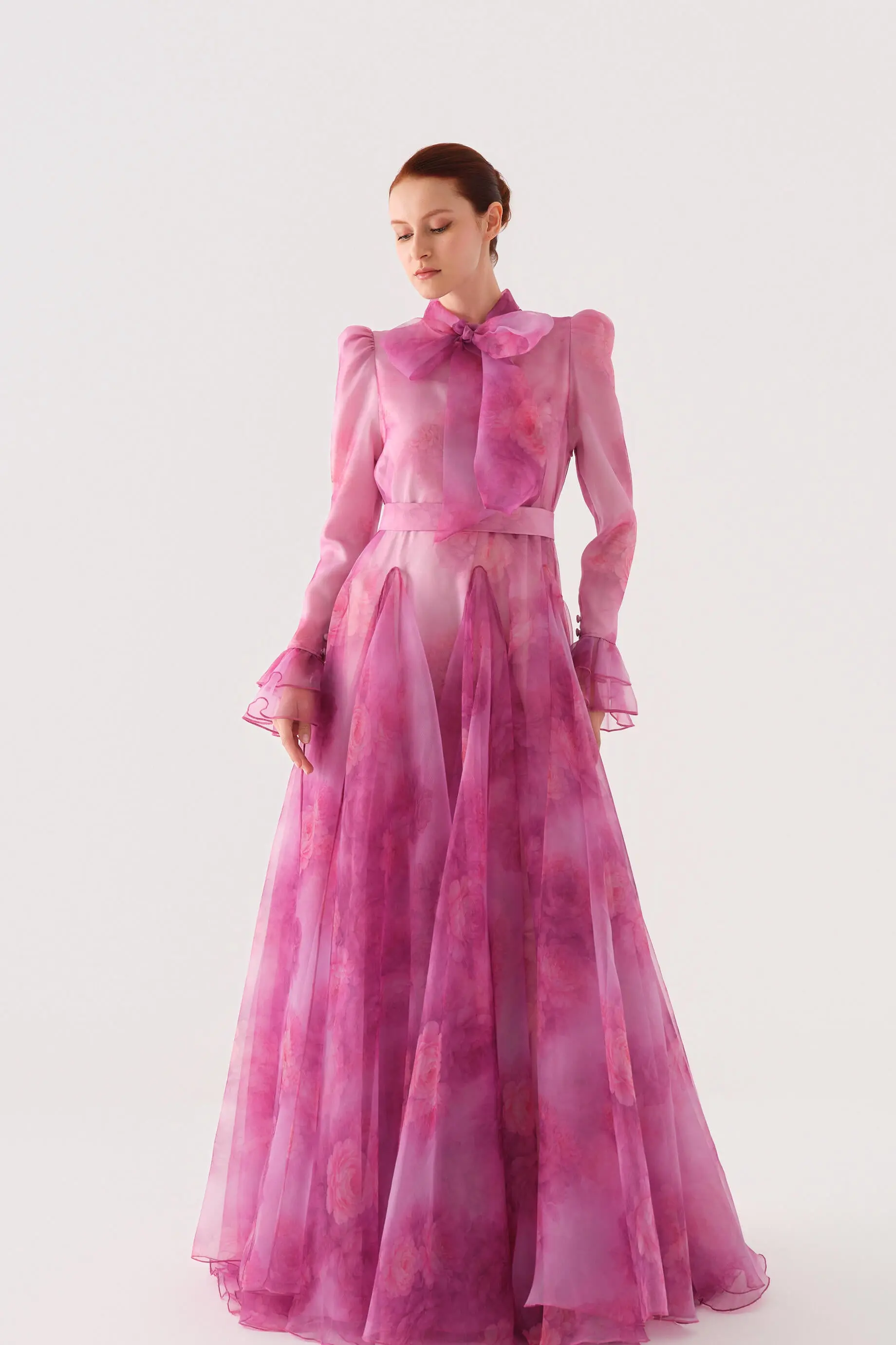 Bow-Front Printed Organza Maxi Dress – Fuchsia, photo 3