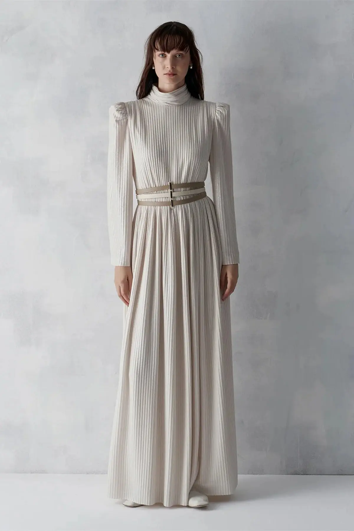 Metallic Ribbed Belted Evening Gown – Beige