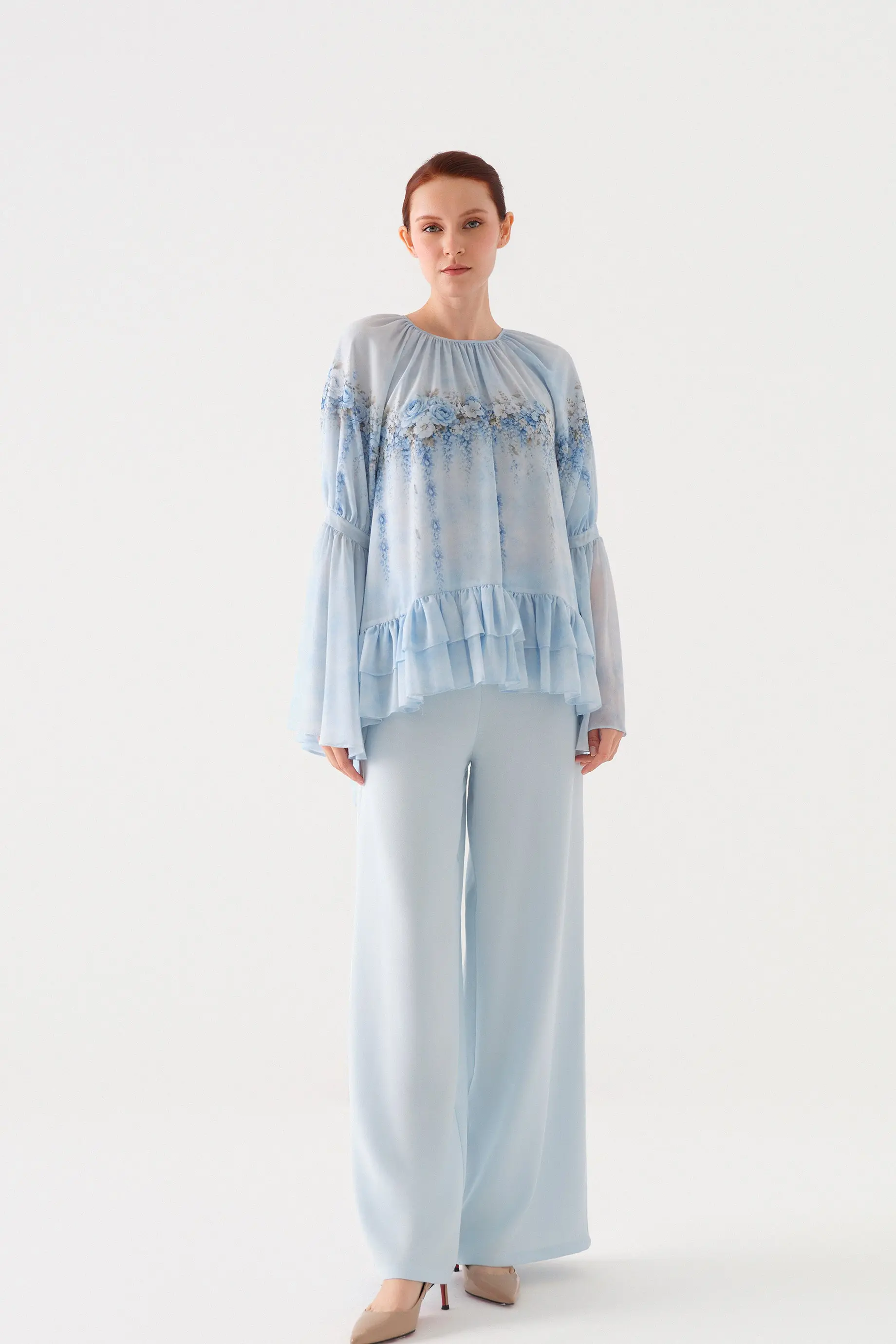 Floral-Print Chiffon Tunic and Wide-Leg Trousers Set – Blue