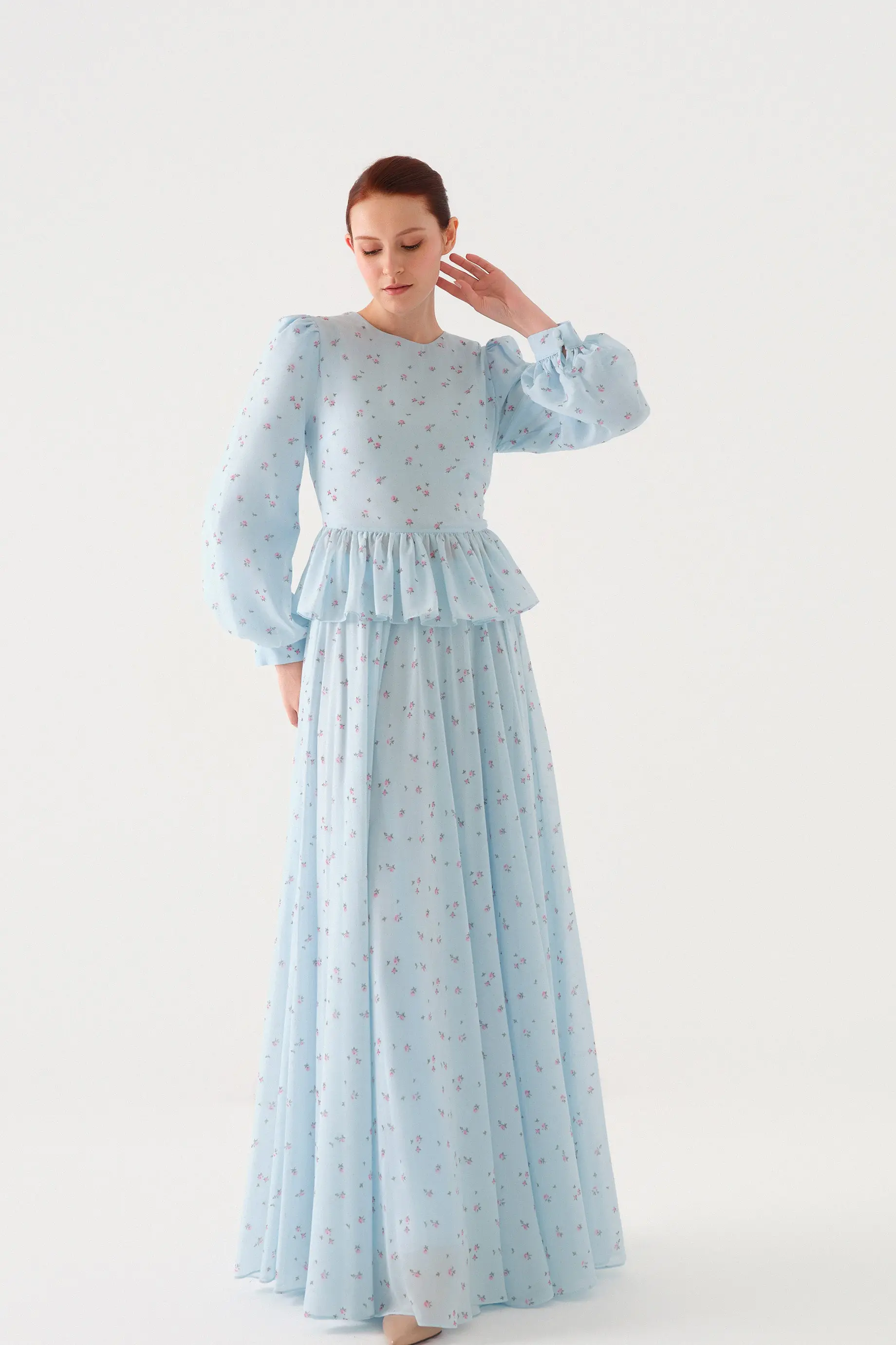 Small-Floral Print Chiffon Blouse and Maxi Skirt Set – Blue, photo 6