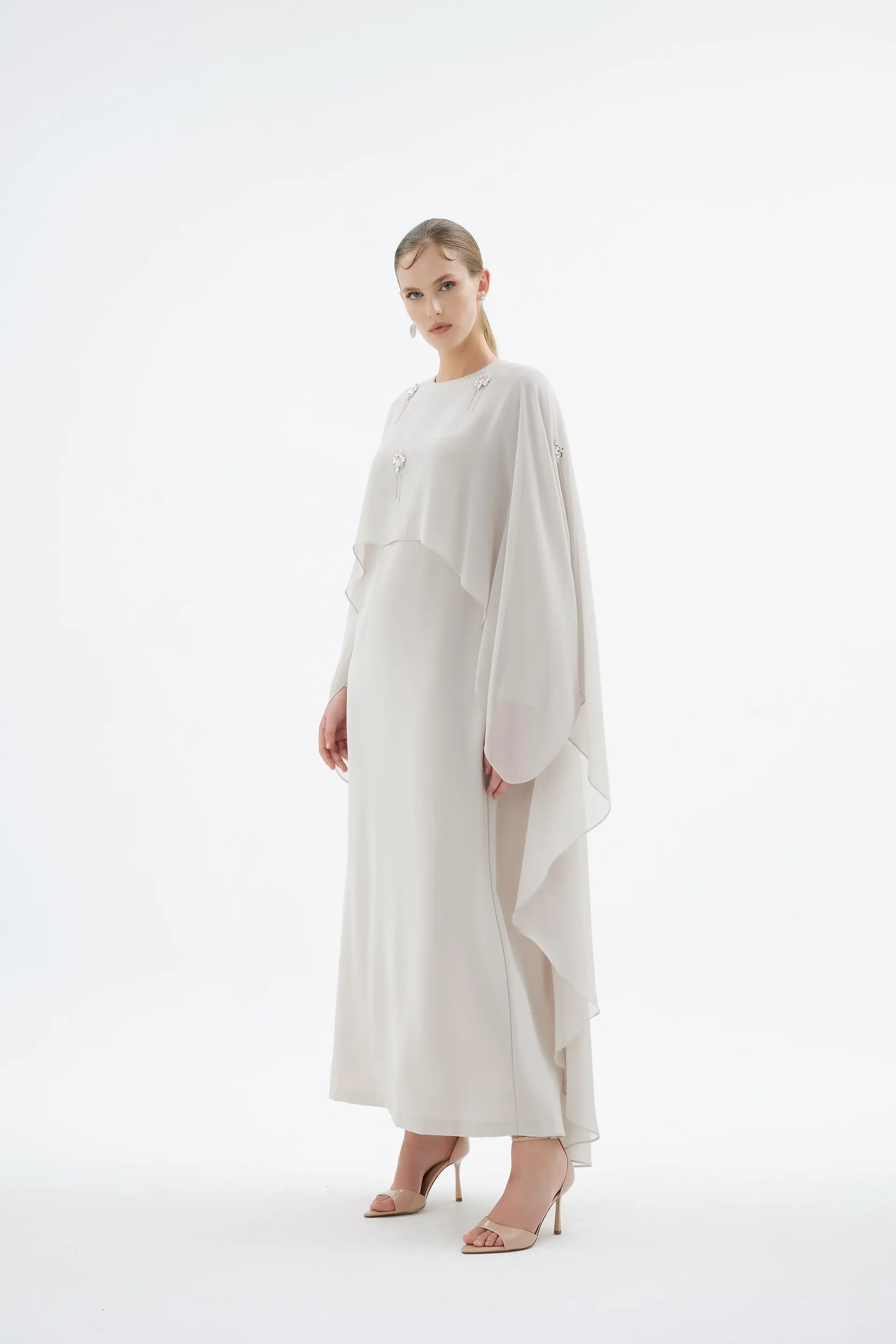 Alera Embellished Cape Dress – Stone, photo 3