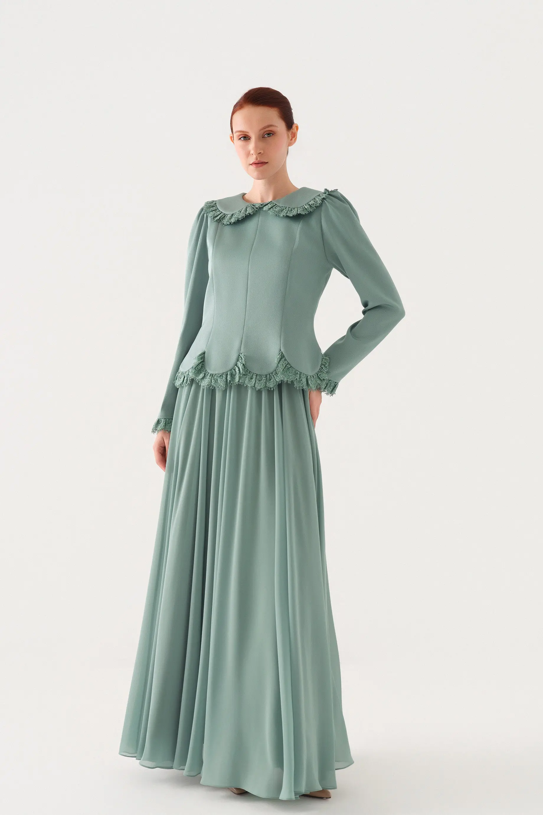 Peter Pan Collar Blouse and Lace-Trim Skirt Set – Green, photo 2