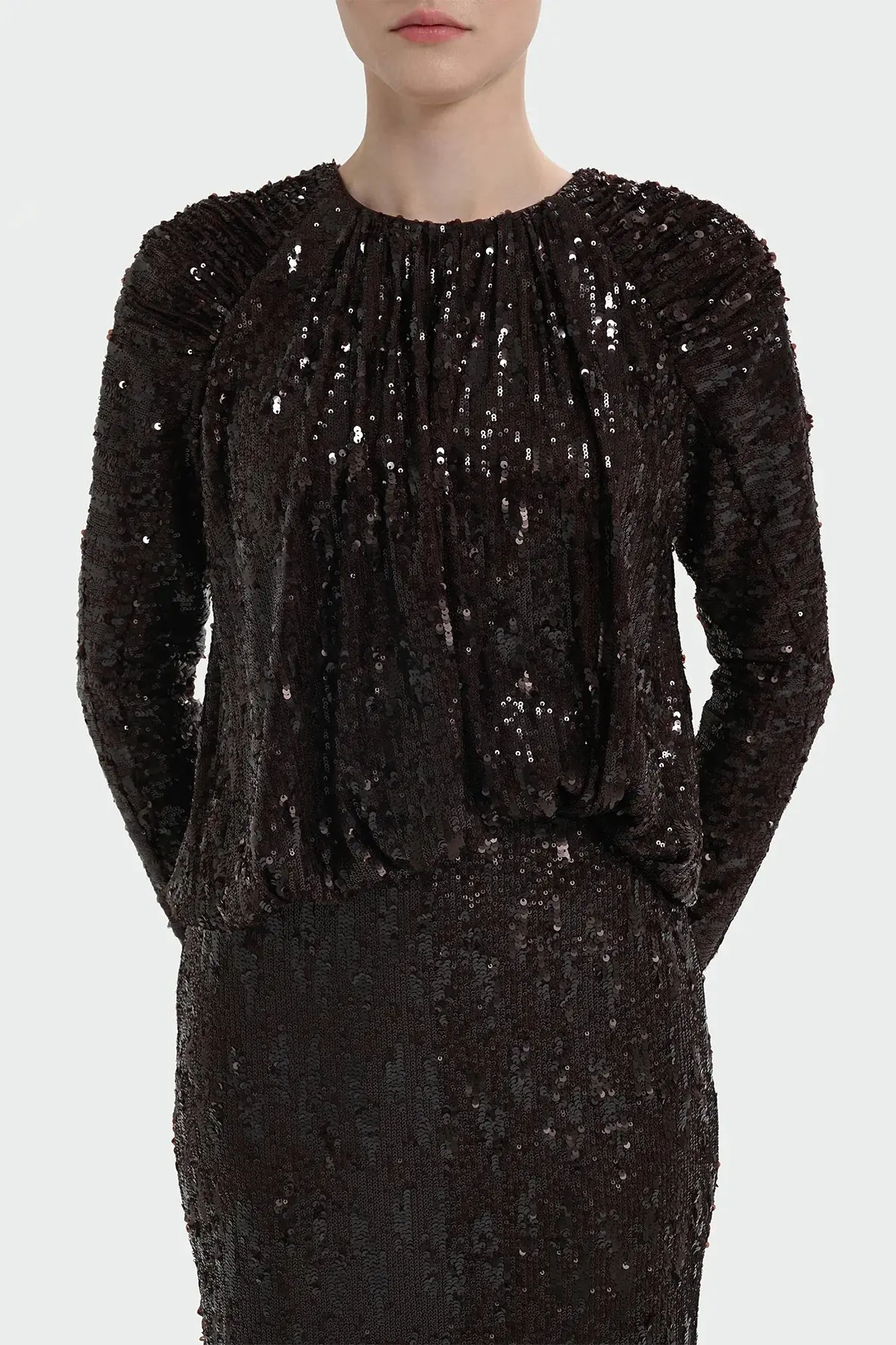 Sequin Long-Sleeve Formal Set with Draped Detail - Brown, photo 2