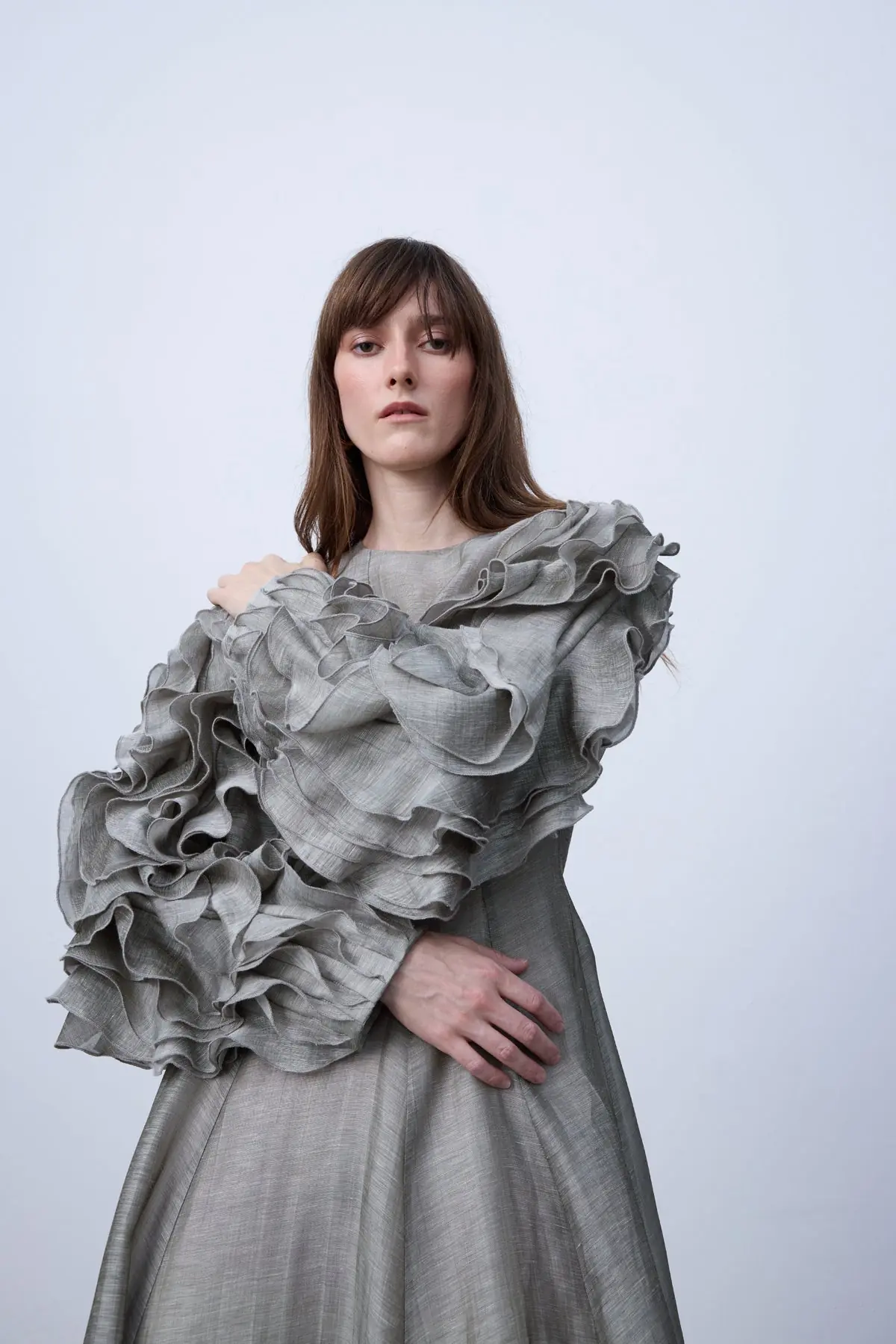Silk-Linen Dress with Sculptural Ruffle Sleeves - Metallic Grey