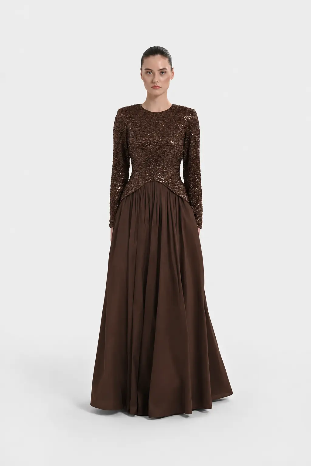 Sequin-Embellished Long-Sleeve Evening Gown - Brown