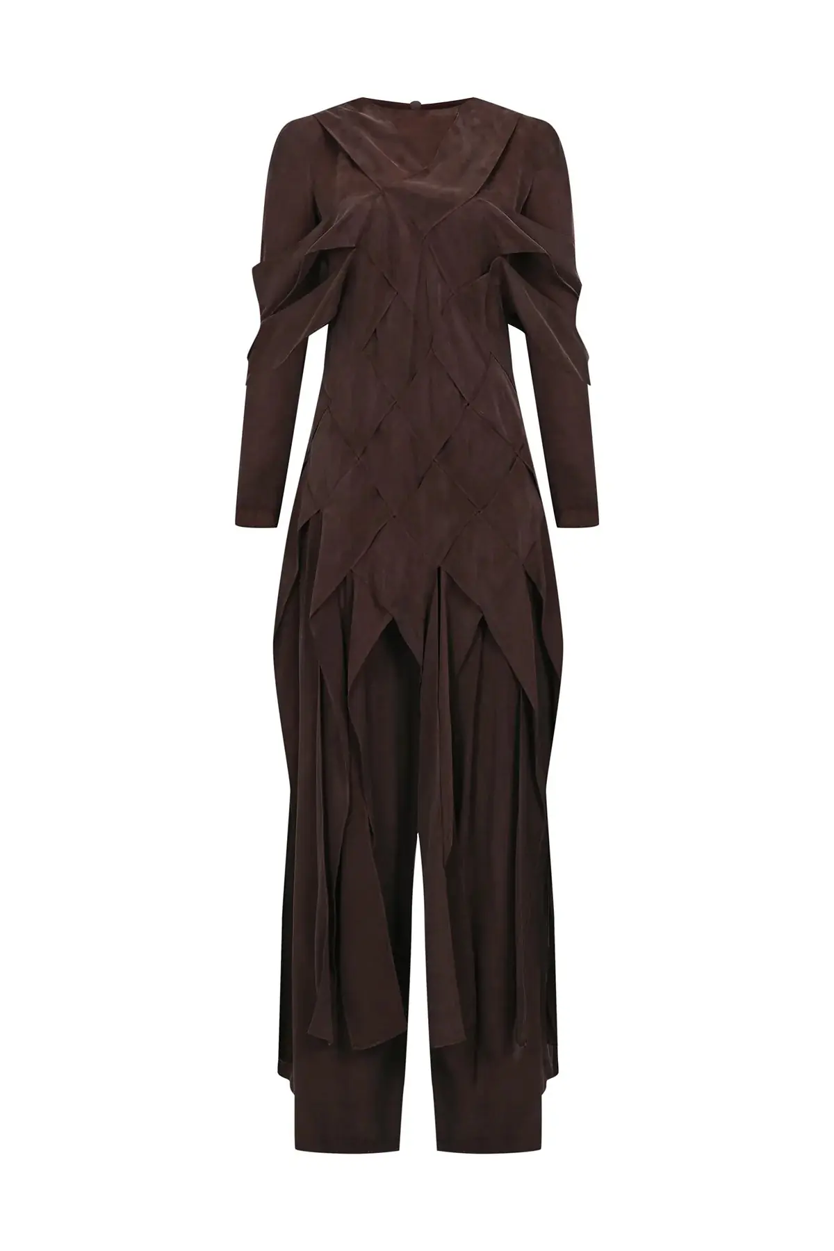 Cross-Stitch Detailed Top & Wide-Leg Pants Set – Brown