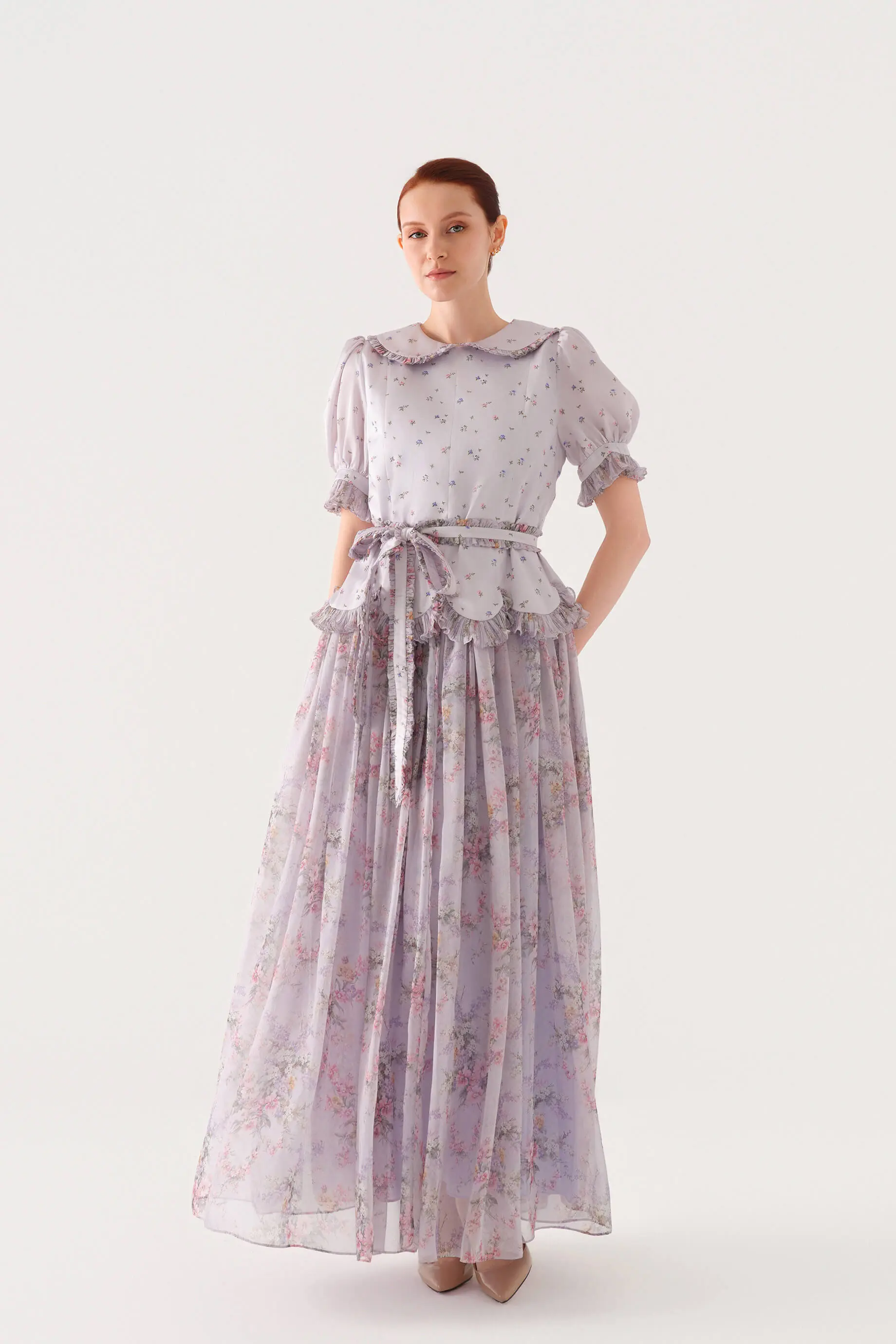 Peter Pan Collar Short-Sleeve Chiffon Maxi Dress – Lilac