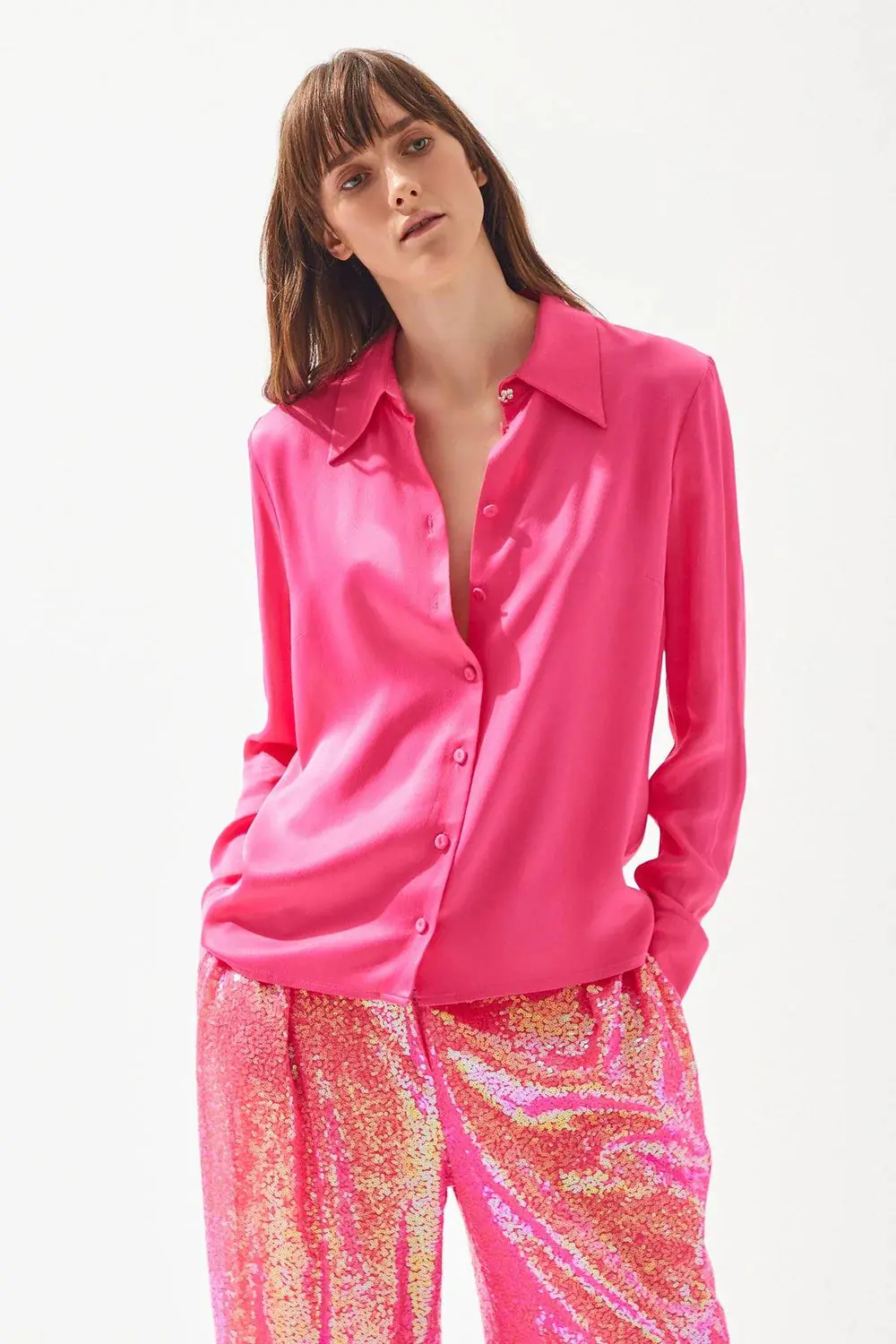Satin Shirt with Crystal Collar Button – Fuchsia, photo 2