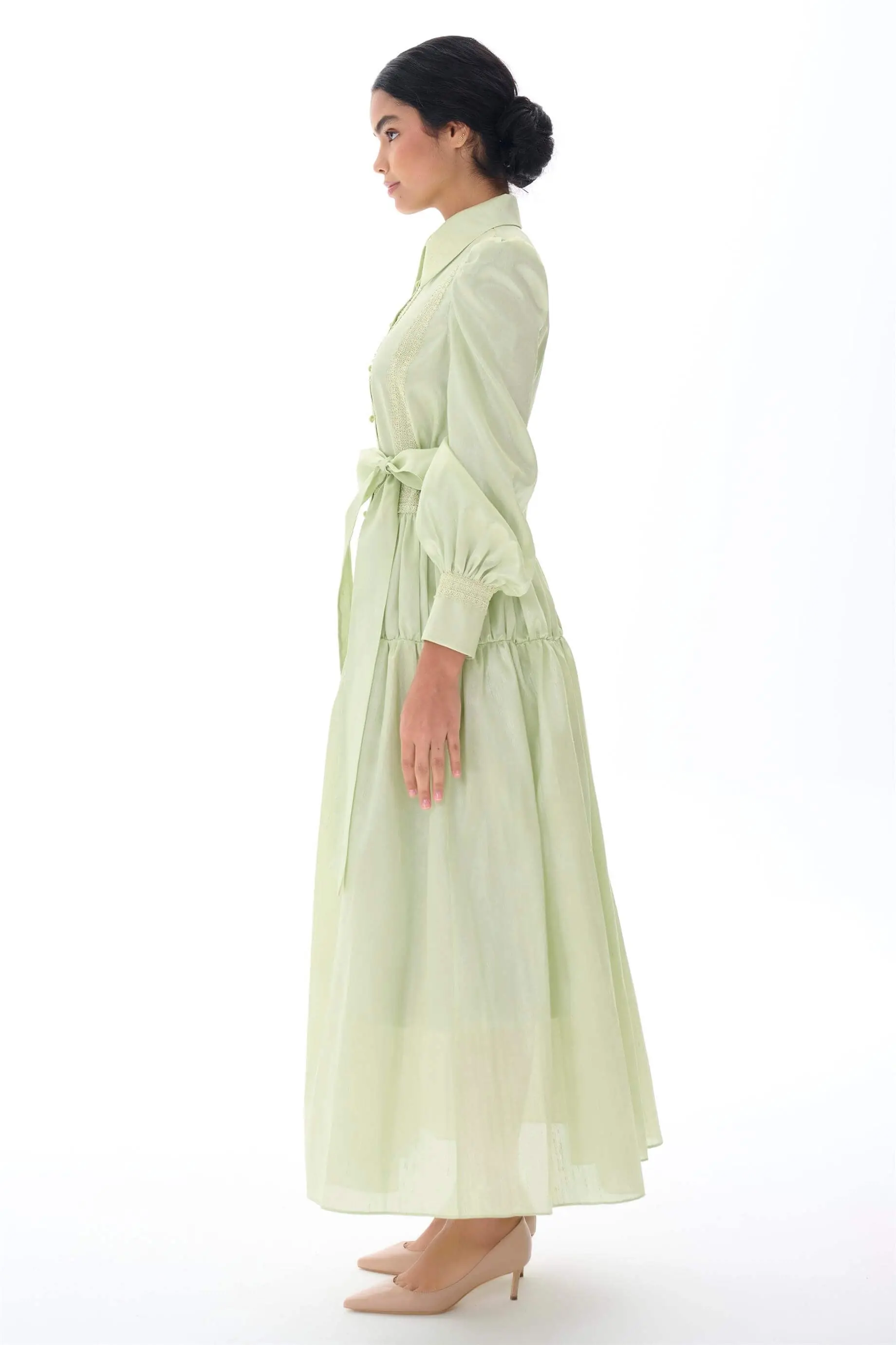 Lace Panel Belted Shirt Dress – Green, photo 2
