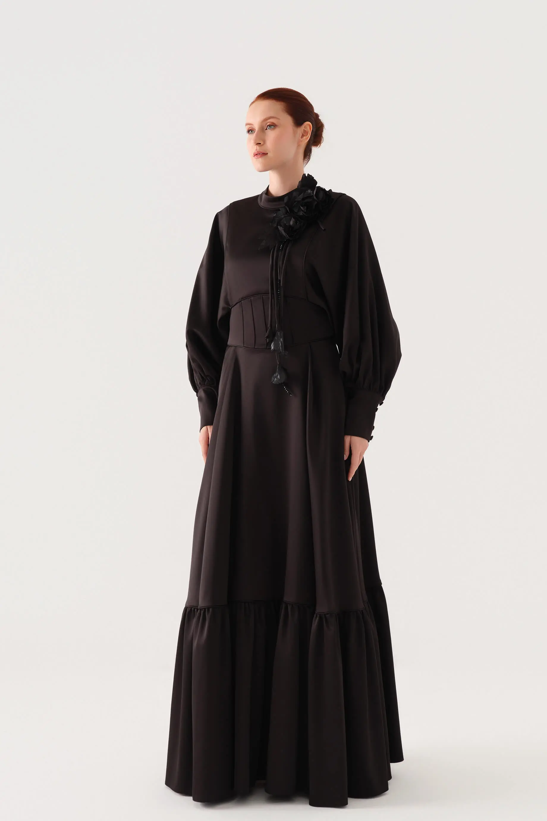 Beaded-Trim Corset-Waist Satin Maxi Dress – Black, photo 3