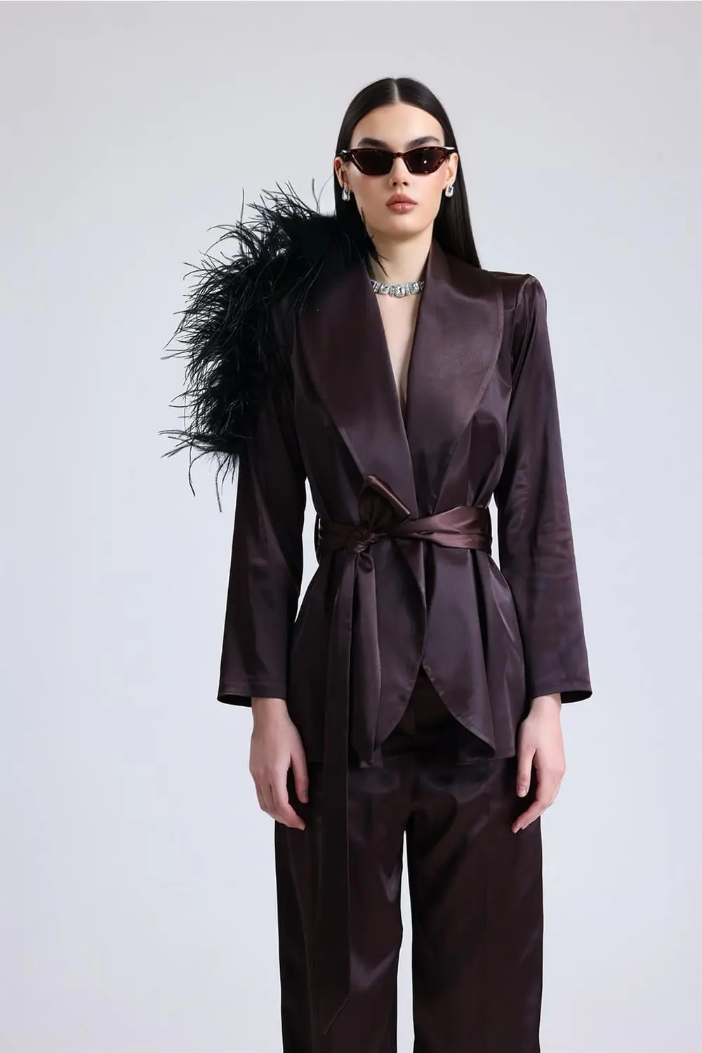 Satin Ember Feather-Shoulder Set — Brown, photo 2
