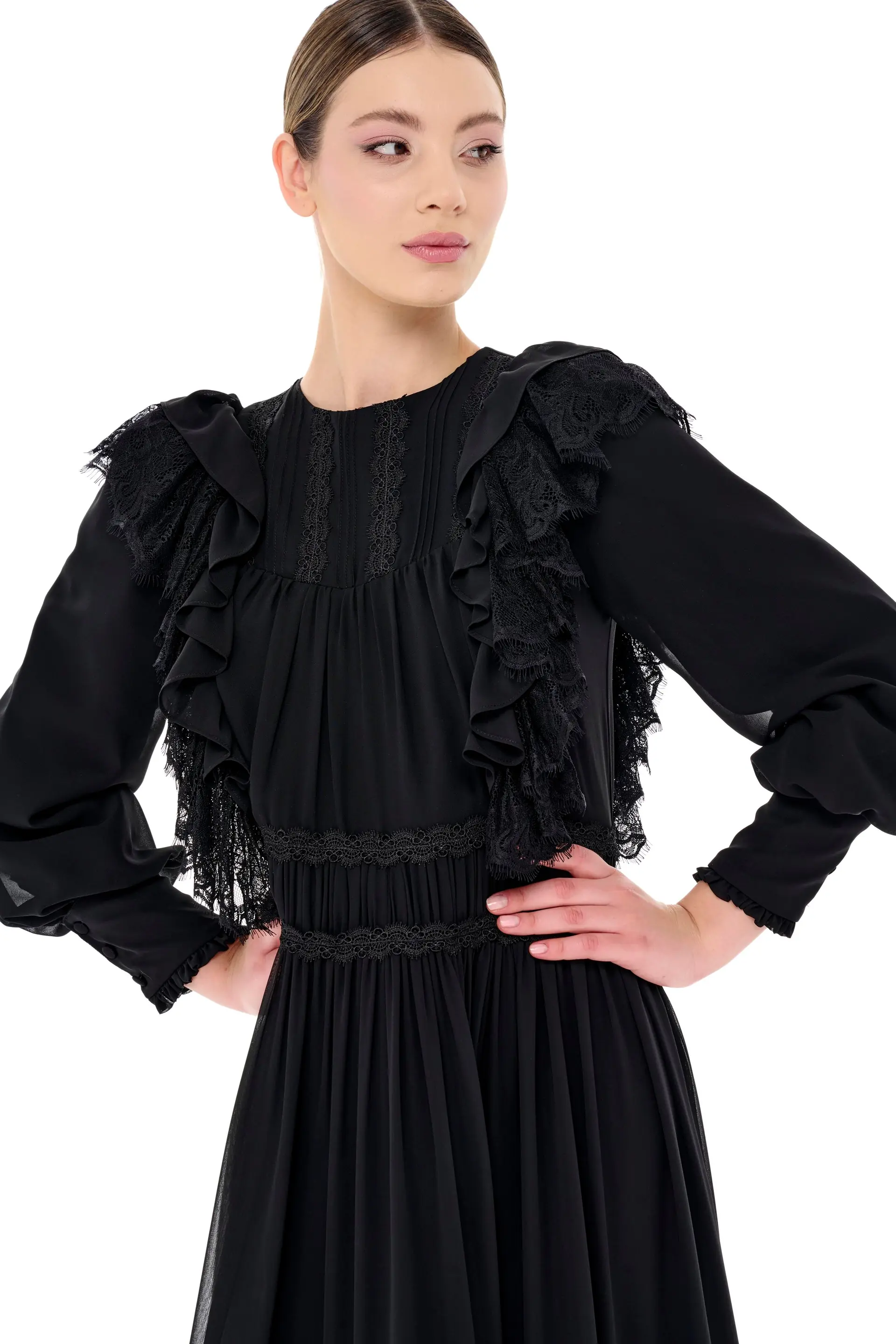 Lace Trim Gathered Tiered Dress – Black, photo 2