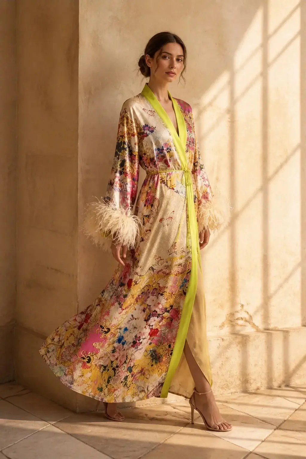 Rita Floral Kimono with Ostrich Feather Trim - Lime Green
