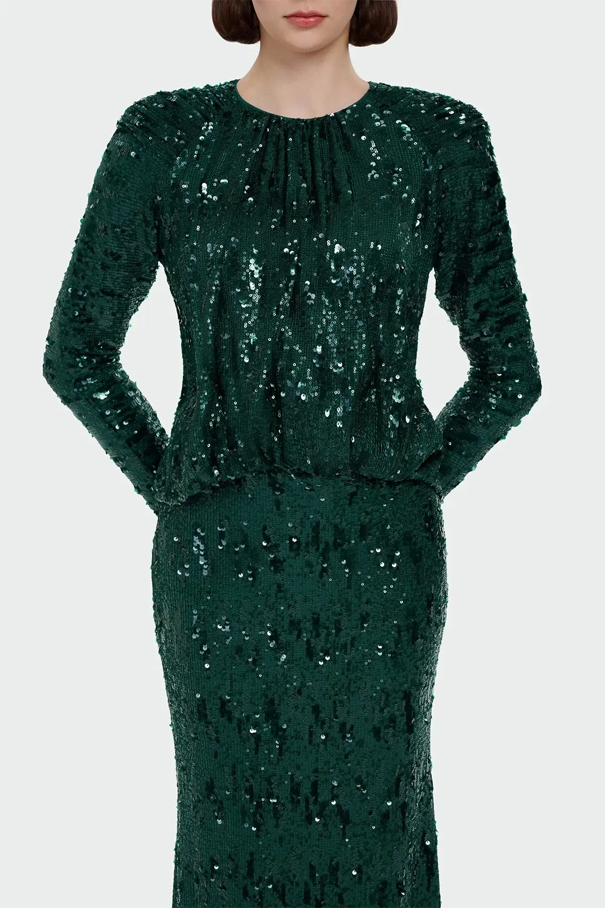 Sequin Long-Sleeve Formal Set with Draped Detail - Emerald Green, photo 2