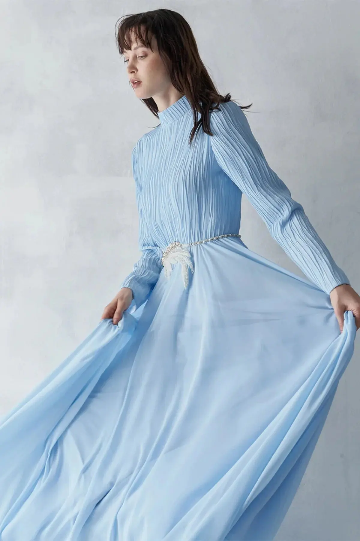 Pleated Bodice Embellished Evening Gown – Light Blue, photo 3