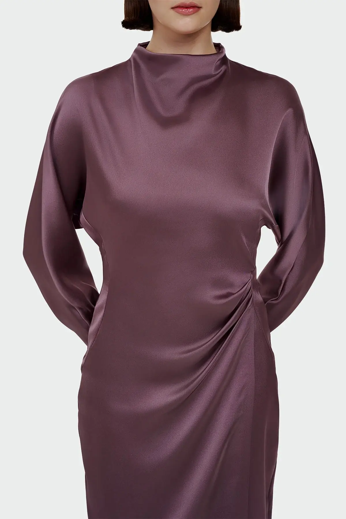 Ruched Waist Satin Midi Dress - Plum, photo 2