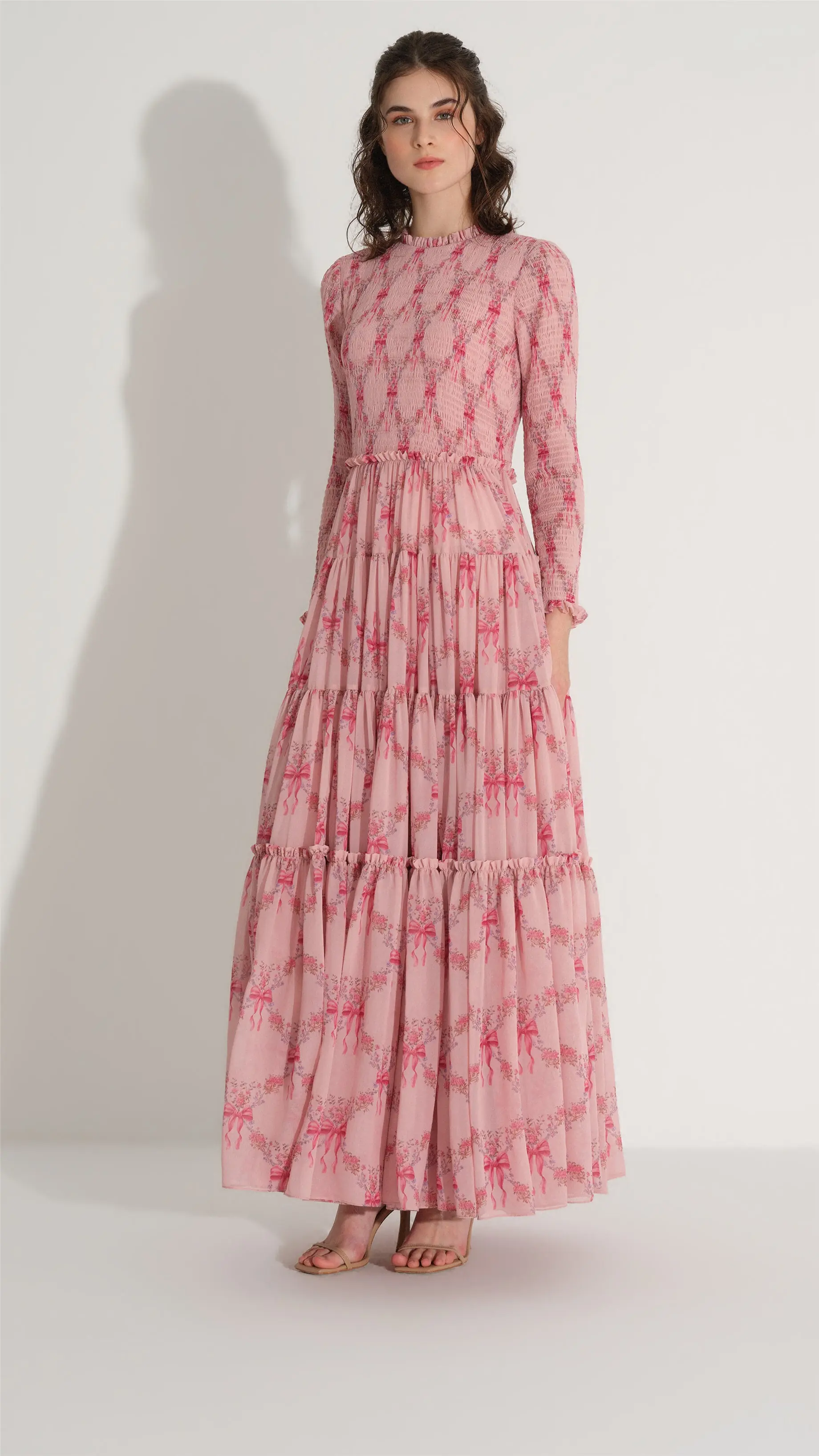 Smocked Chiffon Pleated Dress – Pink, photo 6