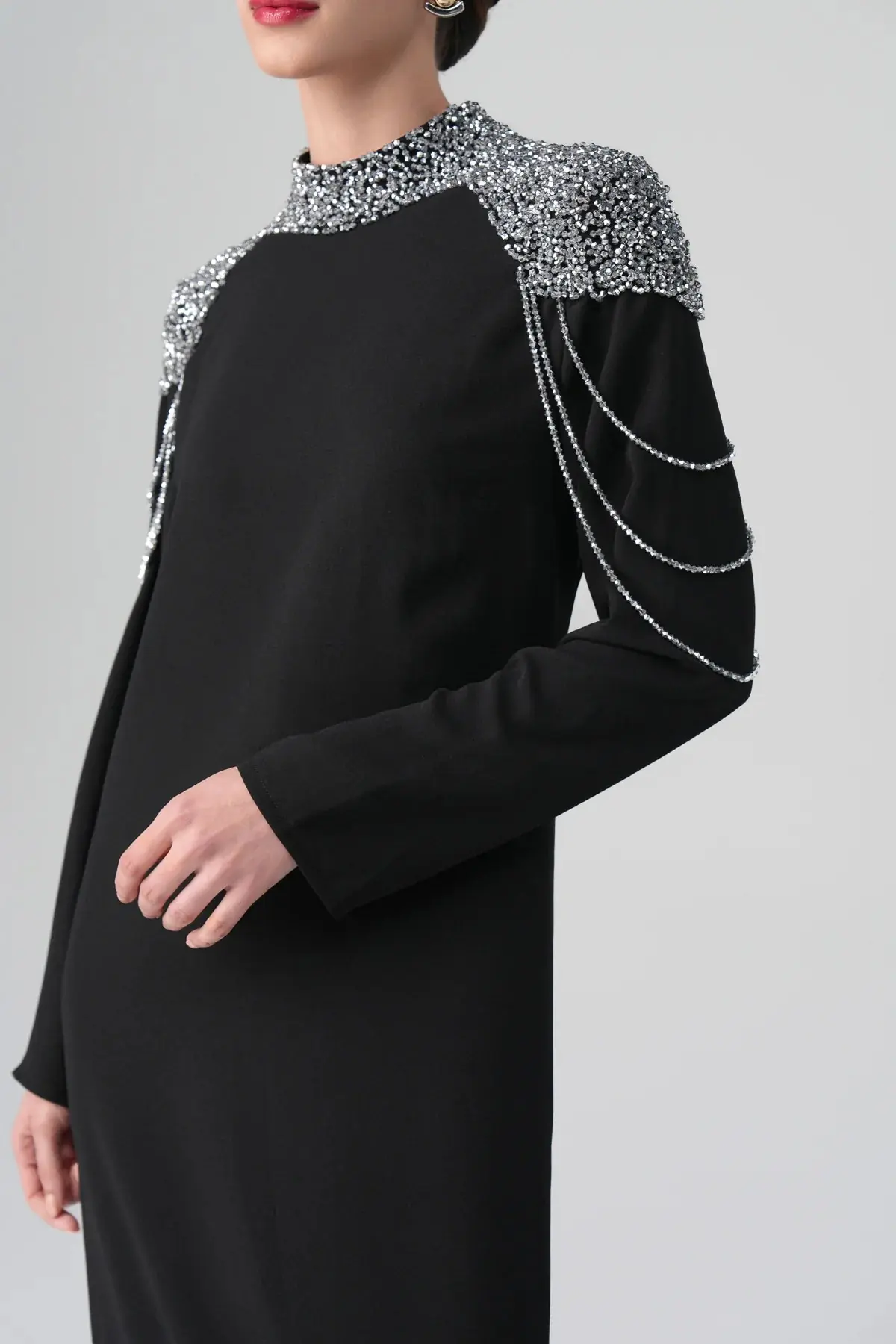Mirella Crystal Draped Shoulder Dress – Black, photo 3