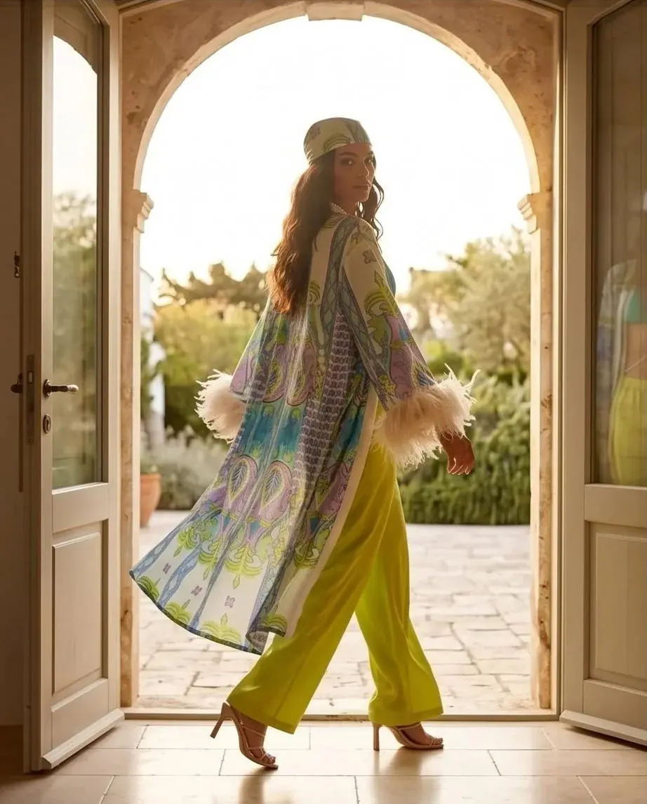 Rita Printed Silk Feather-Trim Kaftan – Turquoise, photo 3